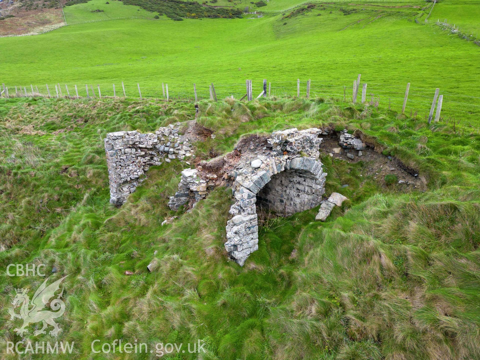 Lime Kiln, Morfa Bychan. Detail of south face. Taken as part of UAV photographic survey carried out by Louise Barker, 7 December 2022.