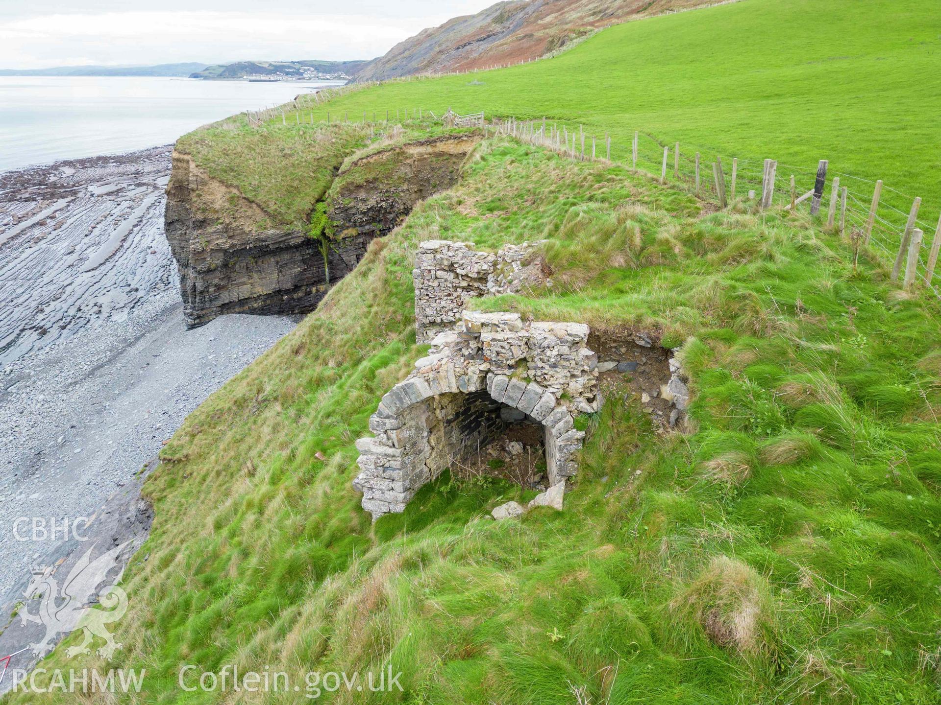 Lime Kiln, Morfa Bychan. Detail of south face kiln-eye. Taken as part of UAV photographic survey carried out by Louise Barker, 7 December 2022.