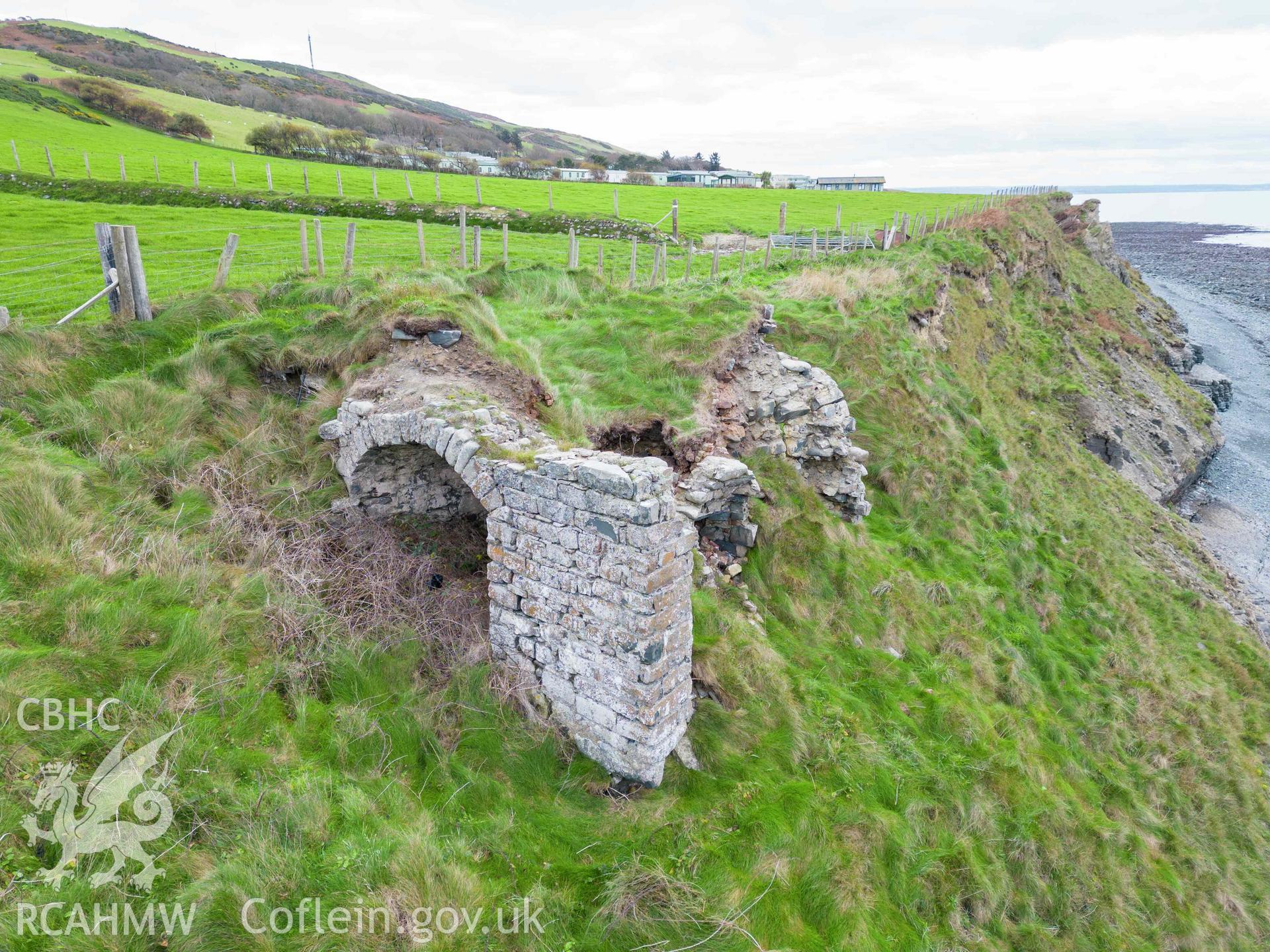 Lime Kiln, Morfa Bychan. Detail of north face. Taken as part of UAV photographic survey carried out by Louise Barker, 7 December 2022.