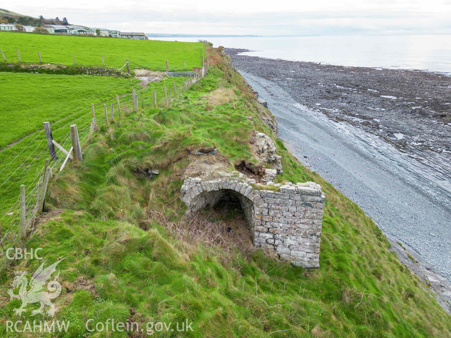 Lime Kiln, Morfa Bychan. Detail of north face. Taken as part of UAV photographic survey carried out by Louise Barker, 7 December 2022.