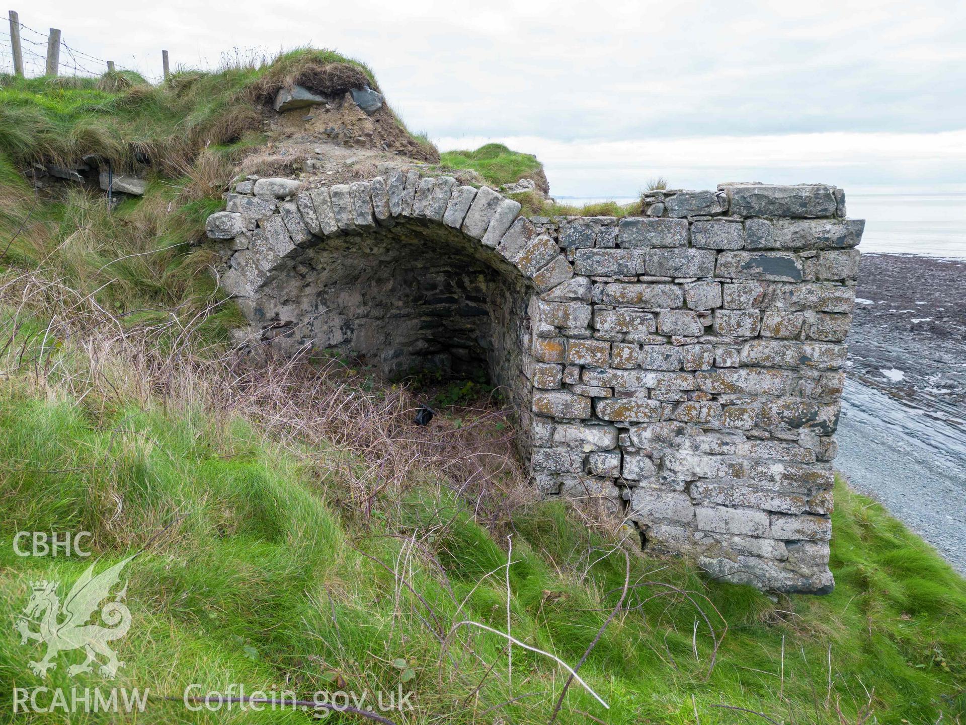 Lime Kiln, Morfa Bychan. Detail of north face kiln-eye. Taken as part of UAV photographic survey carried out by Louise Barker, 7 December 2022.
