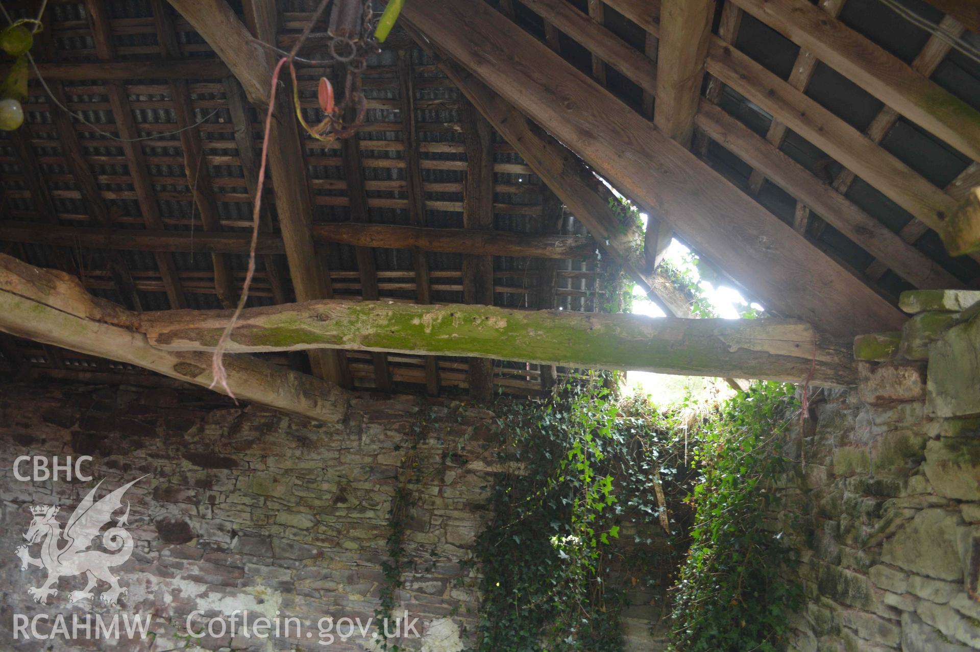 Photograph showing Interior view of outbuilding (upper storey), from a Level 3 historic building recording of Felincamlais Farm, Libanus, carried out by Clwyd-Powys Archaeological Trust in 2022. Report no: 1899, Project no. 2651.