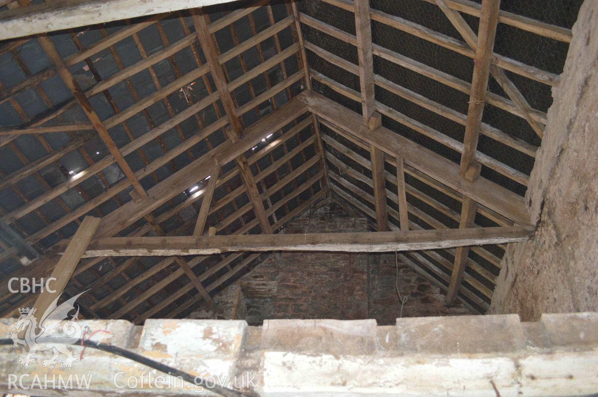 Photograph showing View of interior of roof, from a Level 3 historic building recording of Felincamlais Farm, Libanus, carried out by Clwyd-Powys Archaeological Trust in 2022. Report no: 1899, Project no. 2651.