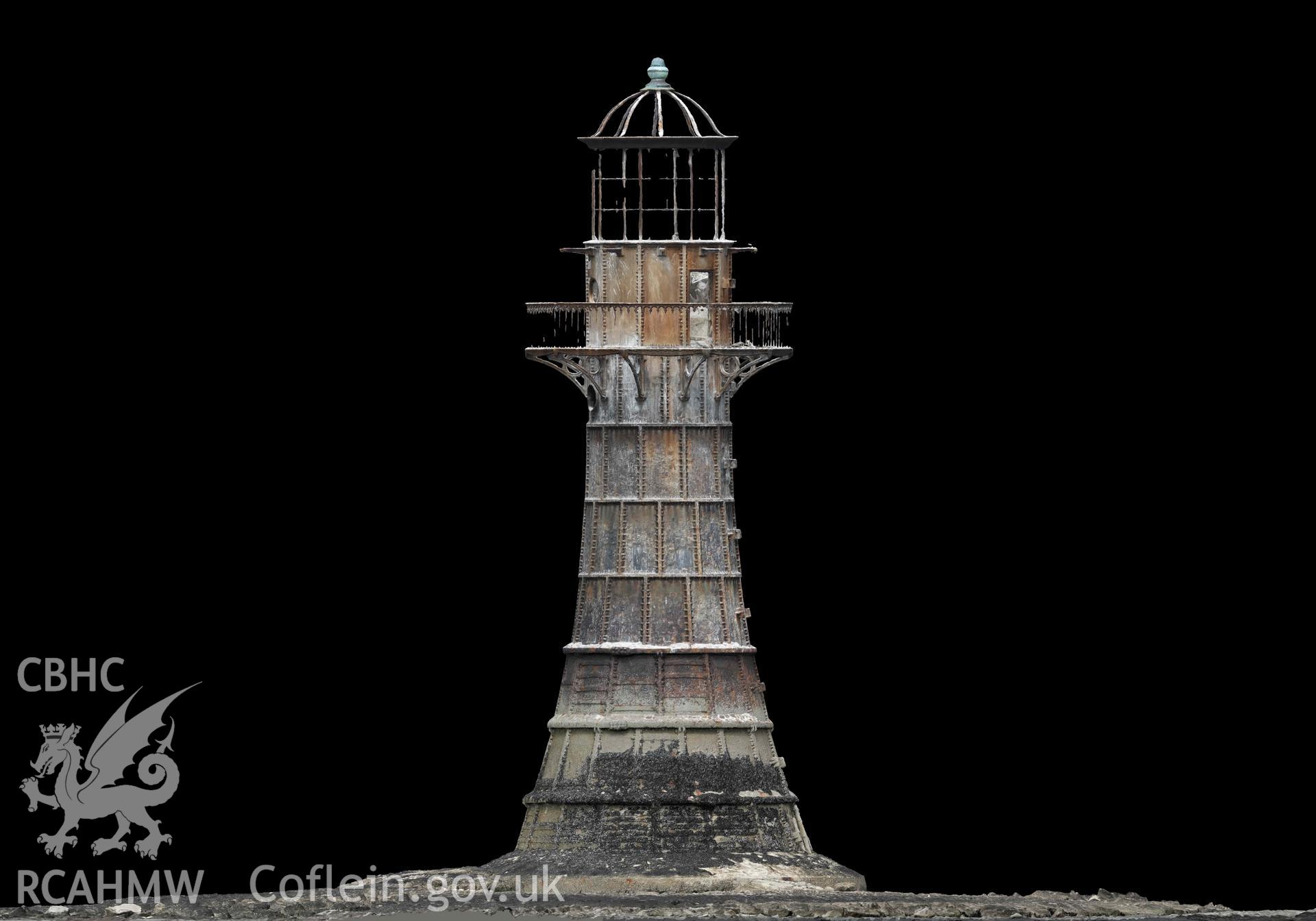 Whitford Point Lighthouse. Orthomosaic elevation (South) generated from UAV photogrammetry survey carried out on 17/08/2023. Distance from top of concrete plinth to bottom of lantern equals 14.75m.