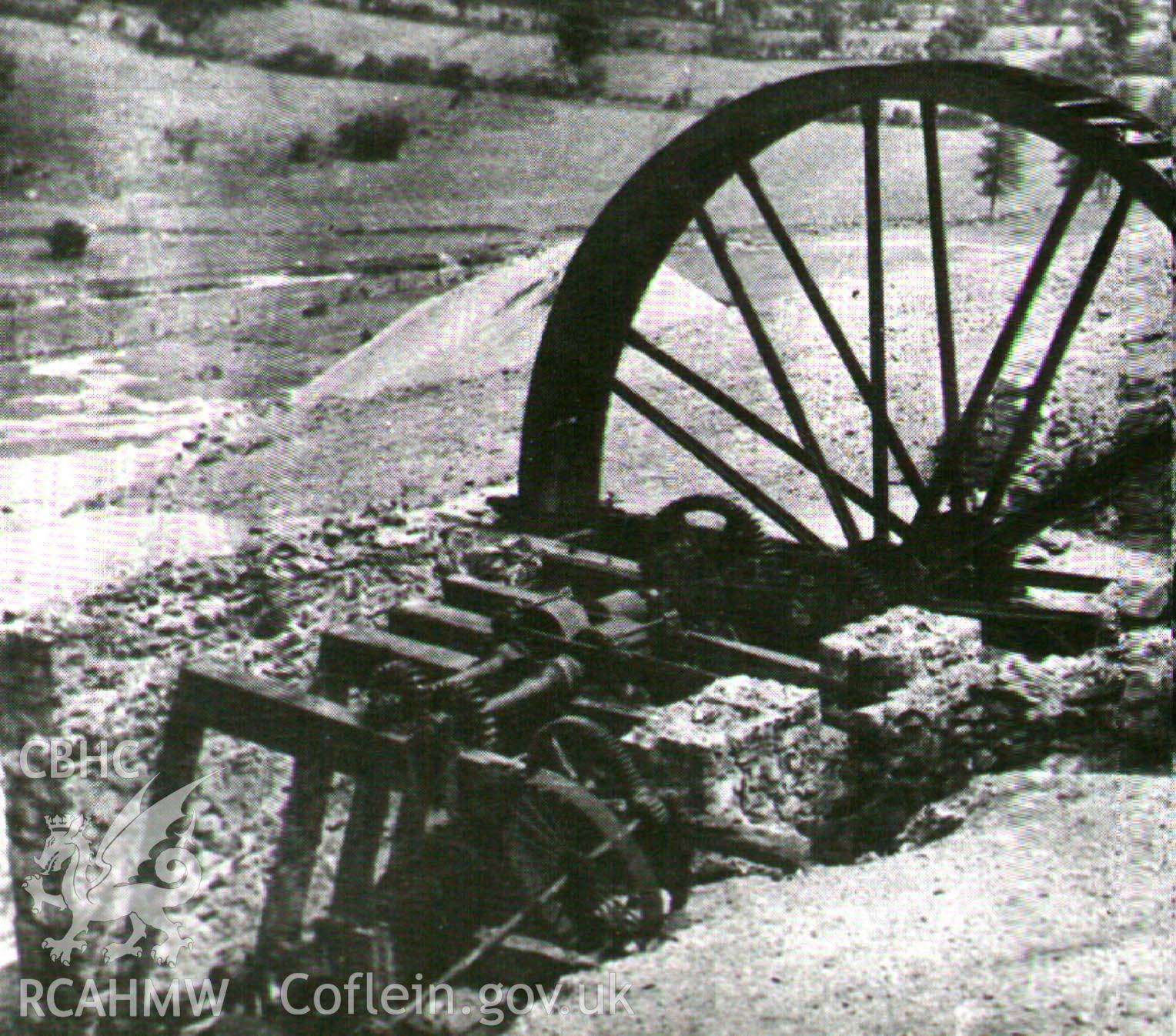 Digital image of remains of Cornish rolls and waterwheel formerly at Craig y Mwyn Mine, Llangynog, William, 1980