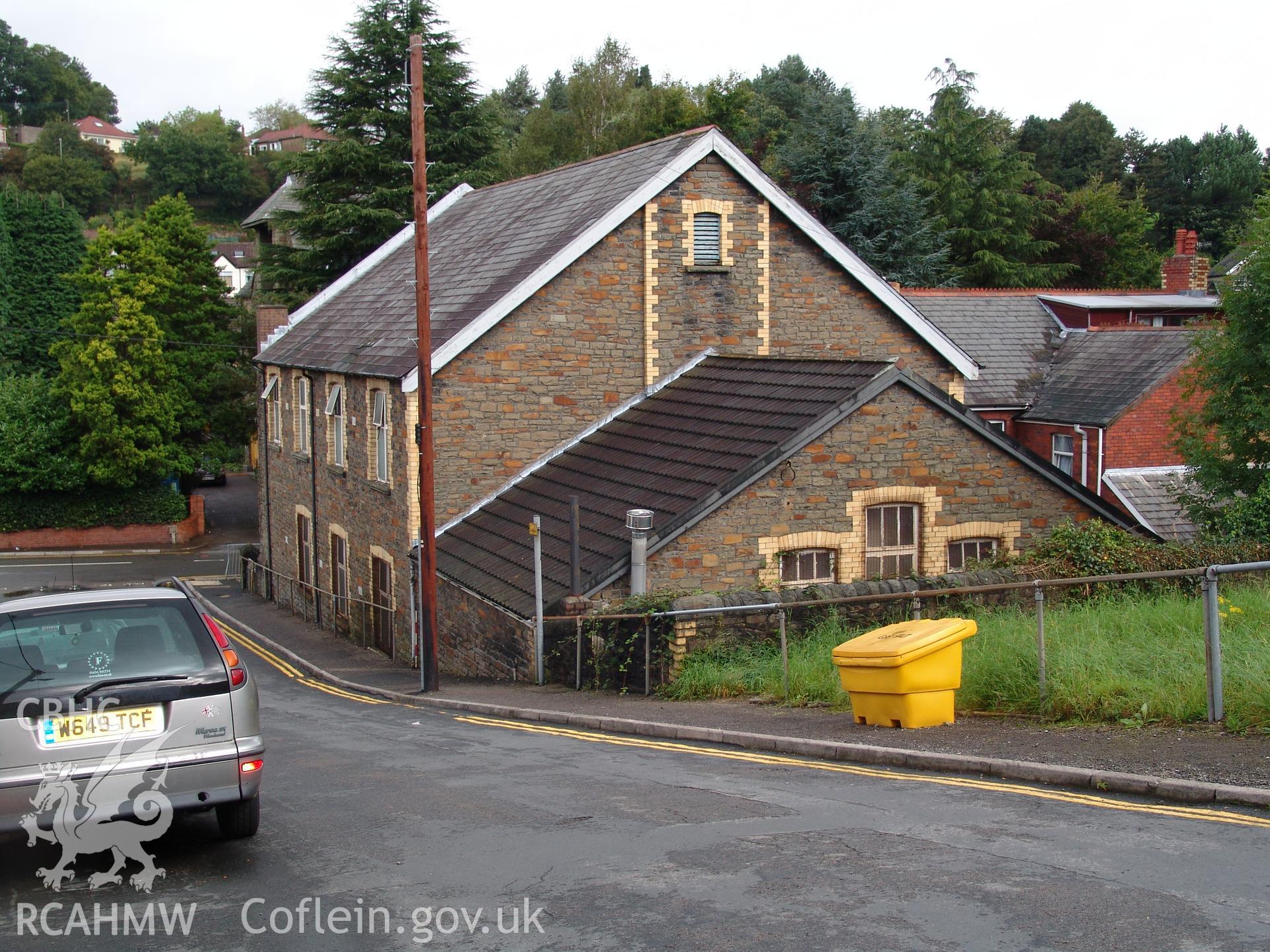 Photograph from a building recording survey: Zion Chapel, High Street, Newbridge, Gwent; general view, south and east elevations. Carried out by A. P. A. C. Ltd. in September 2008.