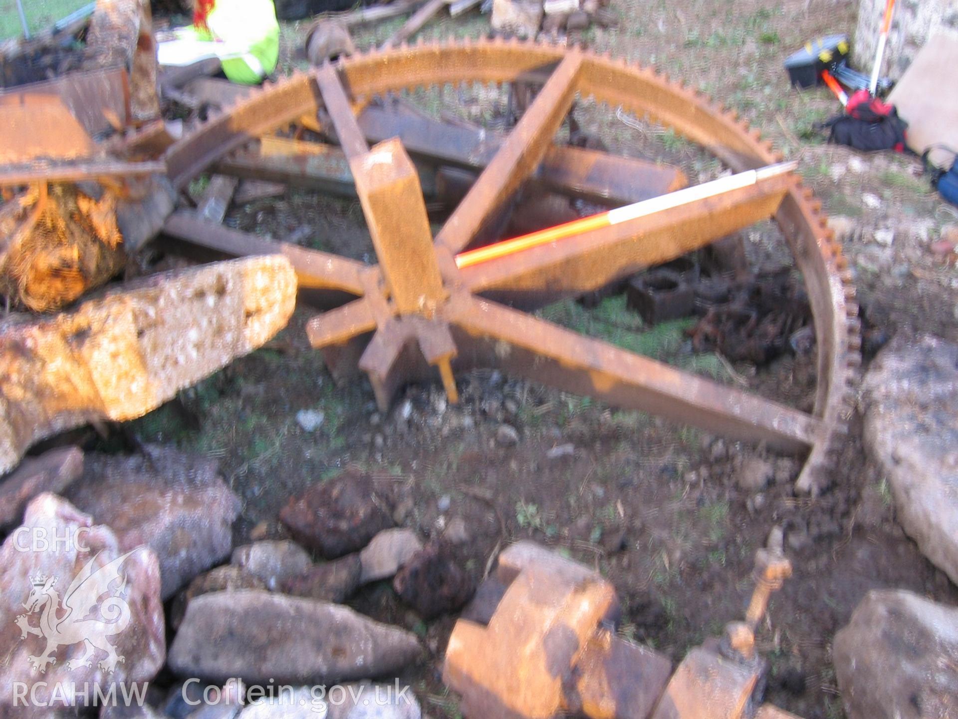 Digital photograph showing a disused mill cogwheel.