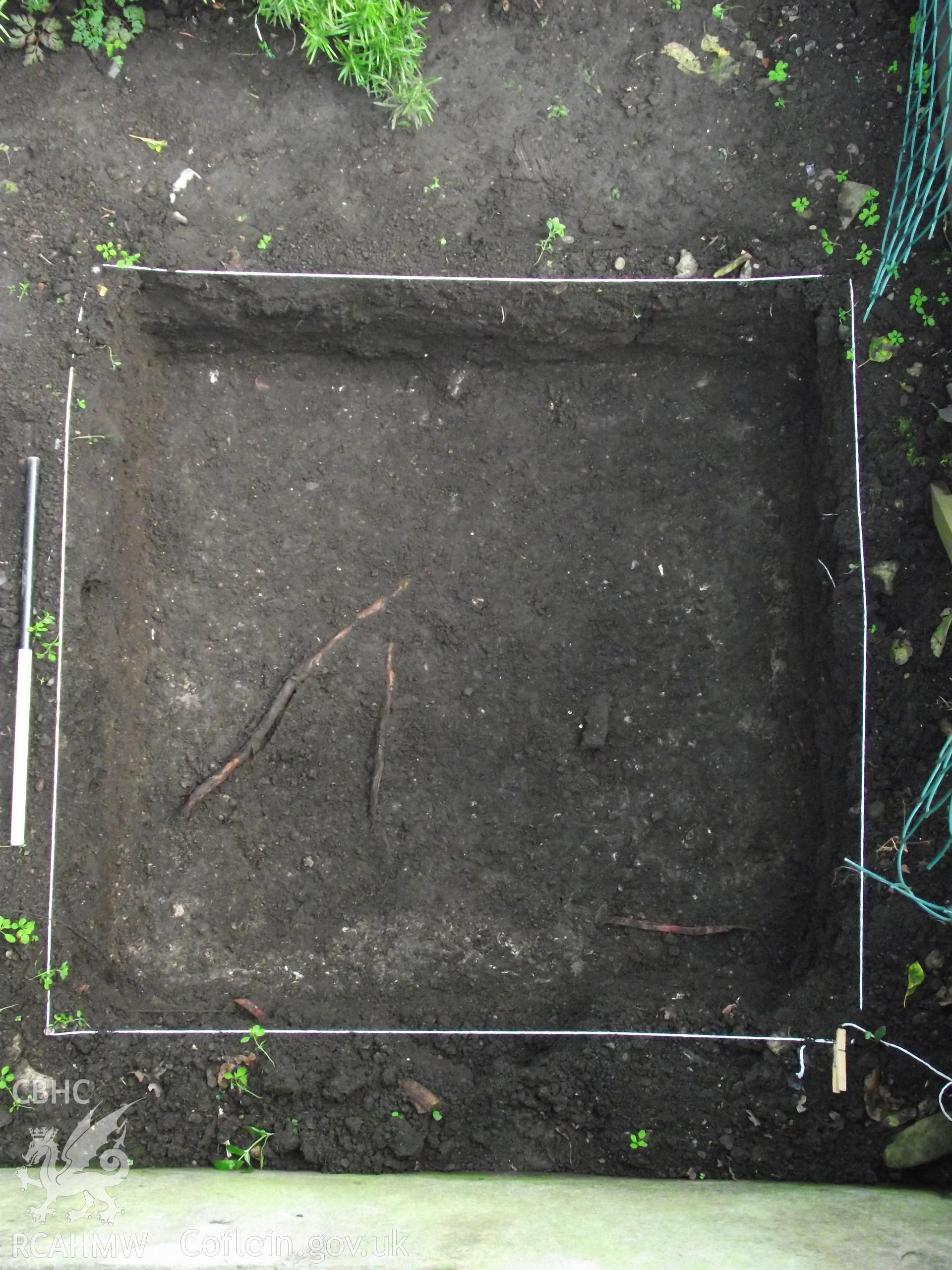 Digital photograph showing excavated area at 1A White Hart Lane and 30 High Street (Bank House), Caerleon. Produced by M. Lewis, National Roman Legion Museum. August 2012.