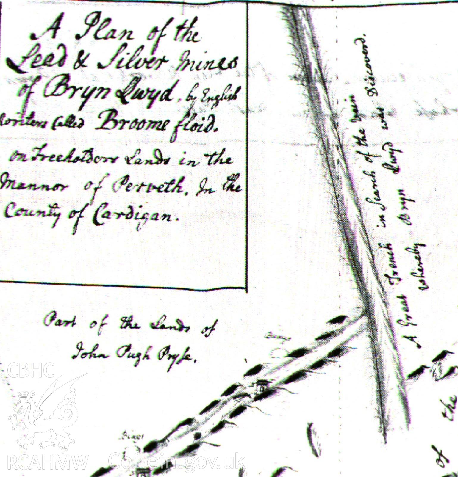 Digital image of L Morris 1744 plan of Bronfloyd showing prospection trials, in Bick & Davies, 1994