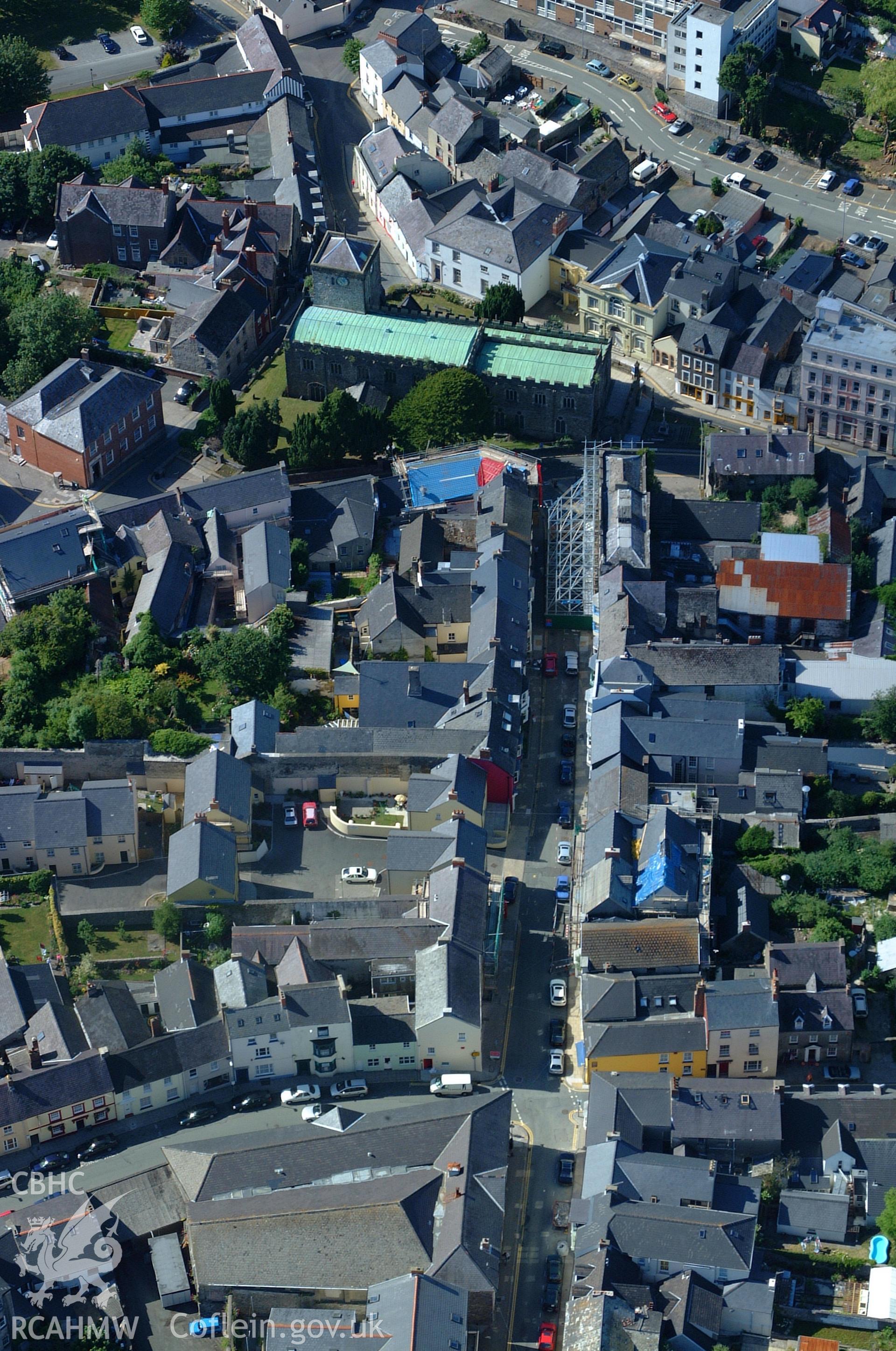 RCAHMW colour oblique aerial photograph of St Mary's Church, Haverfordwest taken on 15/06/2004 by Toby Driver