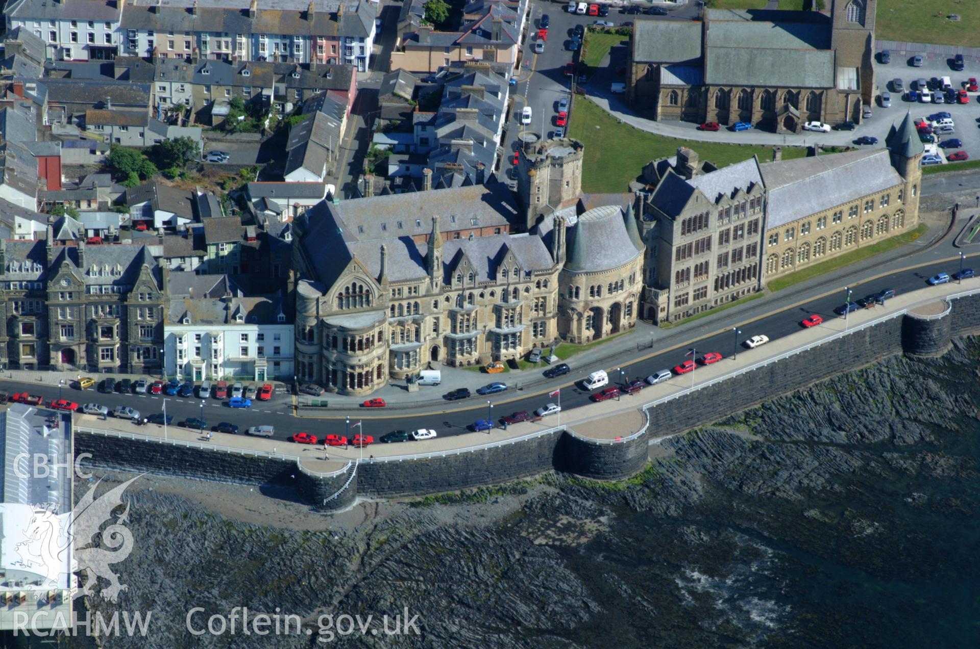 RCAHMW colour oblique aerial photograph of Castle House Hotel (Old college), King Street, Aberystwyth; taken on 14/06/2004 by Toby Driver
