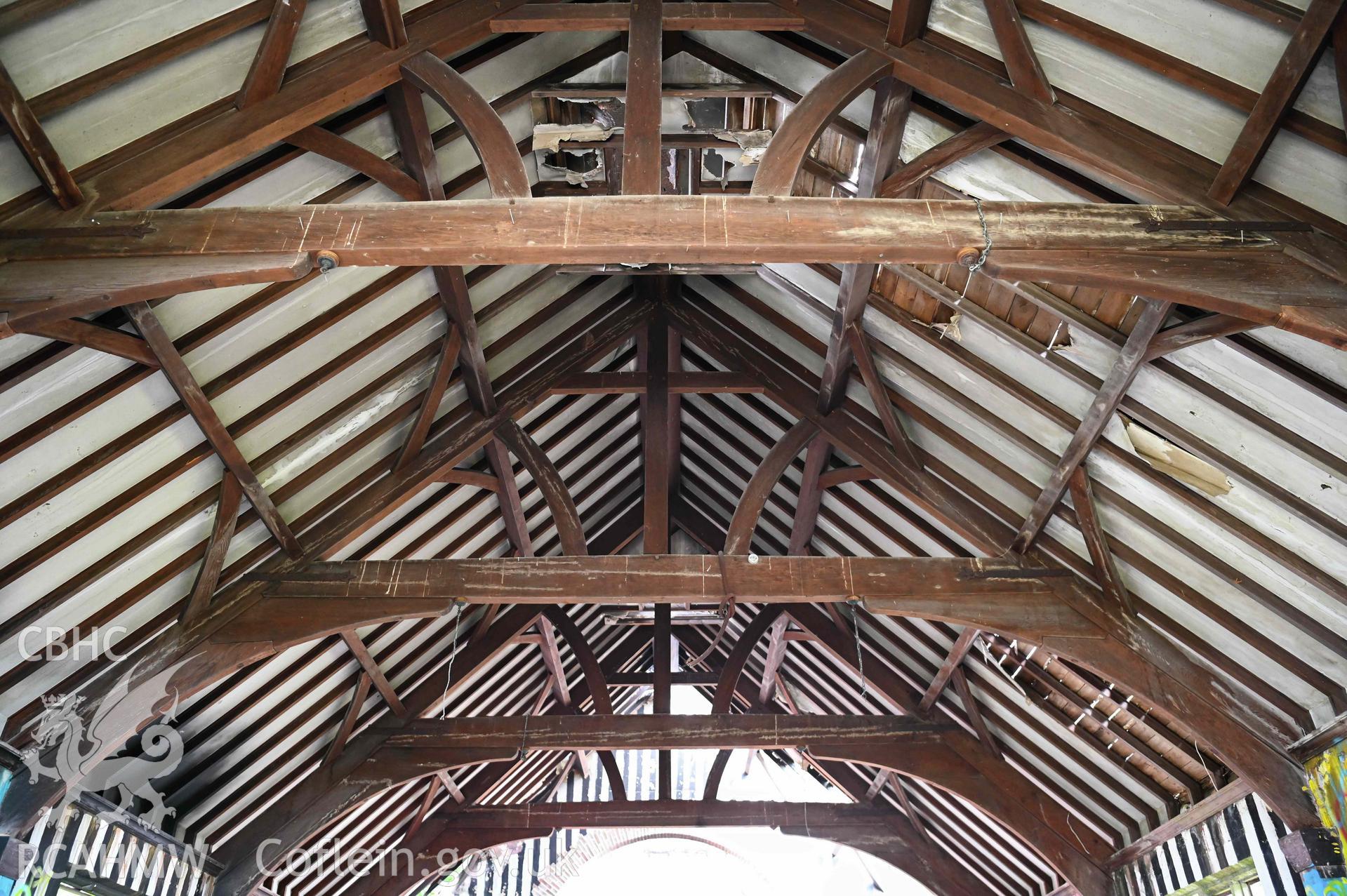 Church interior ceiling wooden beams. St Athan Boys Village