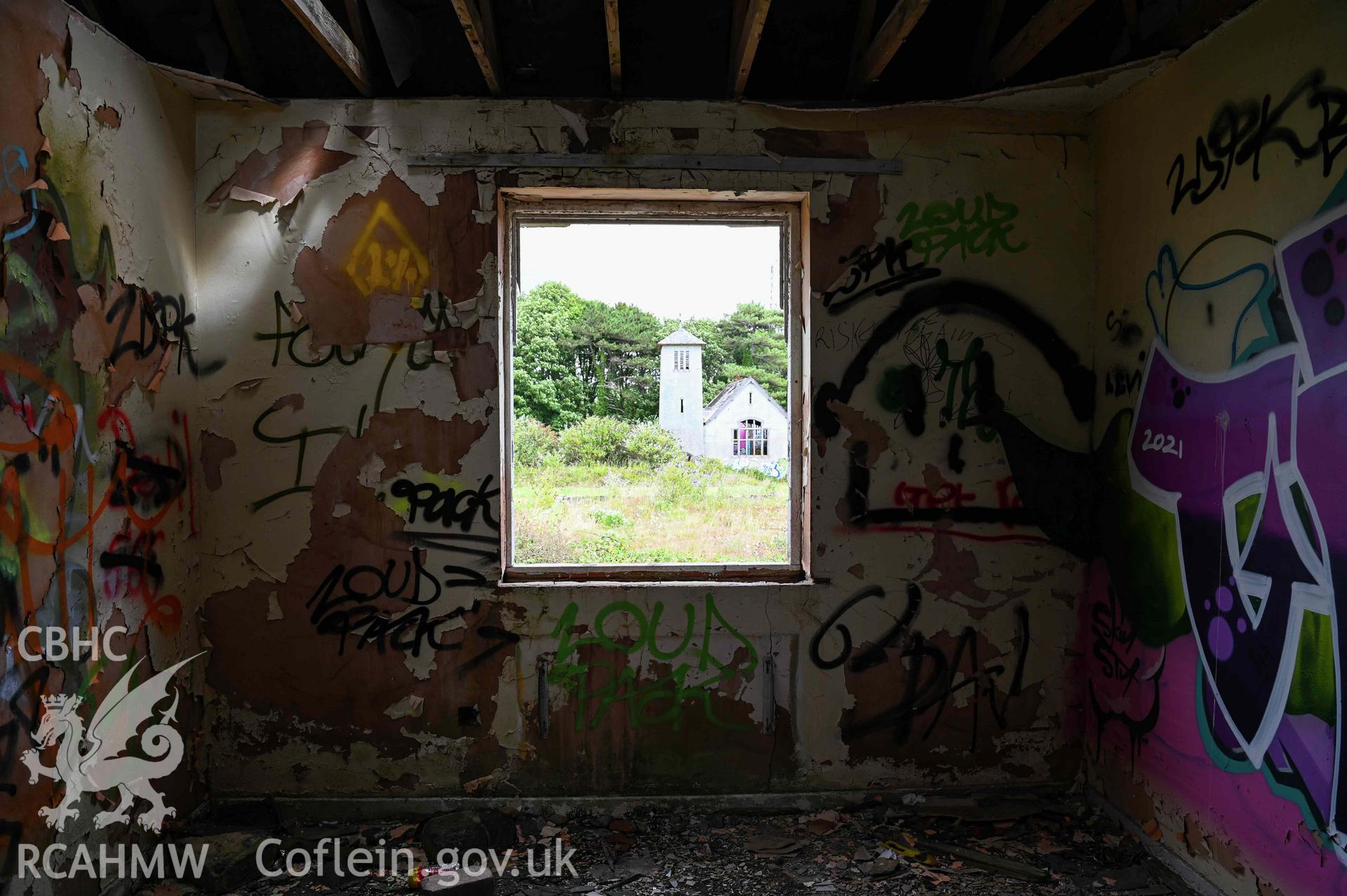 West dormitory interior view from window across quadrangle towards church. St Athan Boys Village