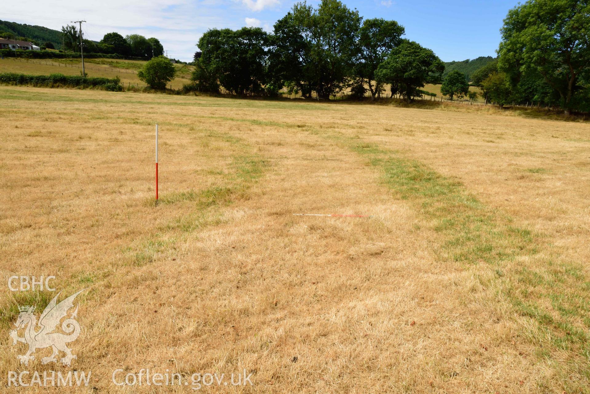 View of NW arc of concentric barrow ditches, looking south-west (scale 1m) at Dollwen barrow cemetery. Photographed by Toby Driver of RCHMAW during BBC filming of The One Show, 17 July 2018. Associated with Geophysical Survey of Pen y Wal, Dollwen Barrow, Goginan, commissioned by the RCAHMW and produced by Sumo Survey, 2021.