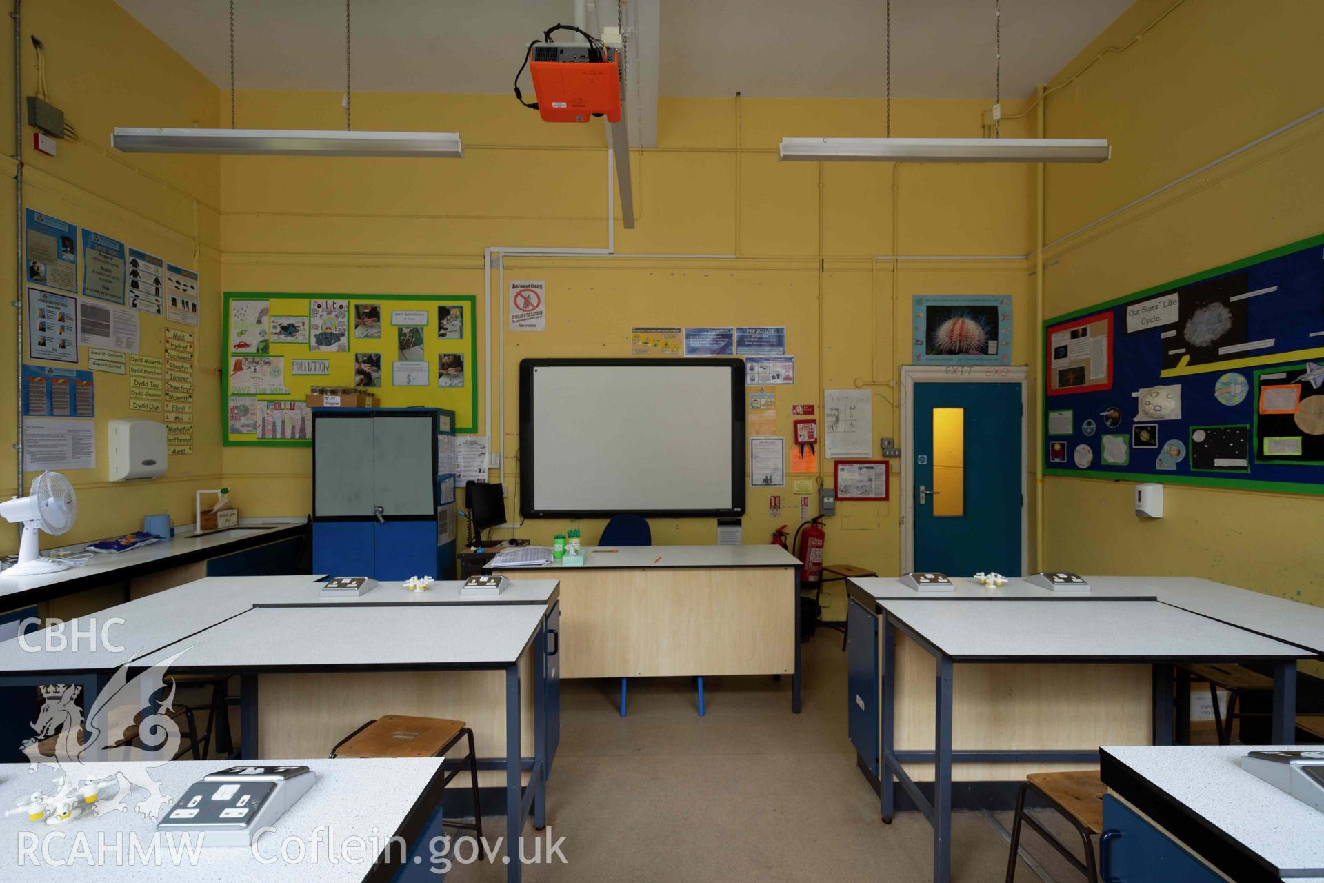 Science room 18. End of north east wing. Central view towards whiteboard. Ground floor. Cathays High School