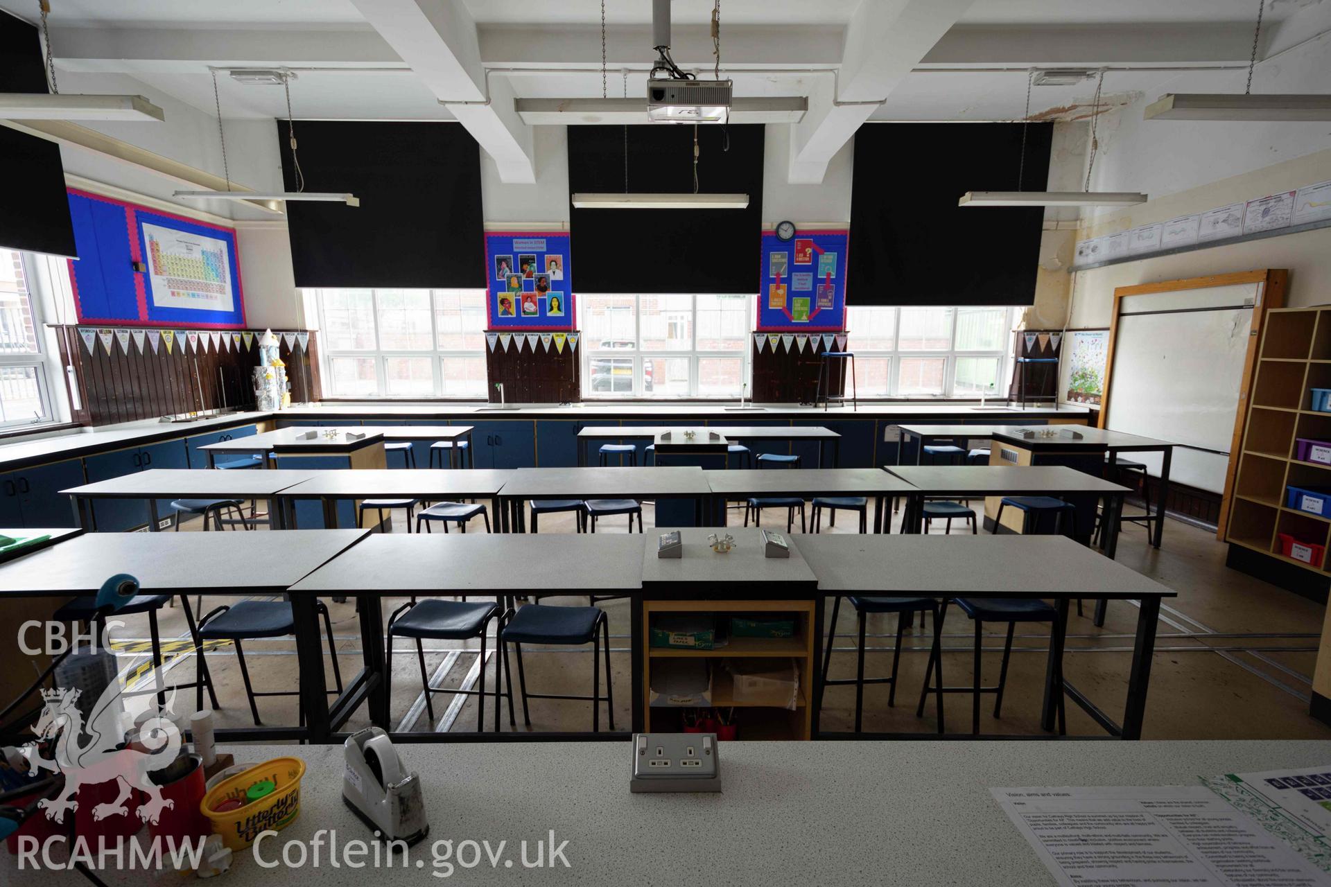 Science room 17. End of north east wing. Central view from teacher's desk toward windows. Ground floor. Cathays High School