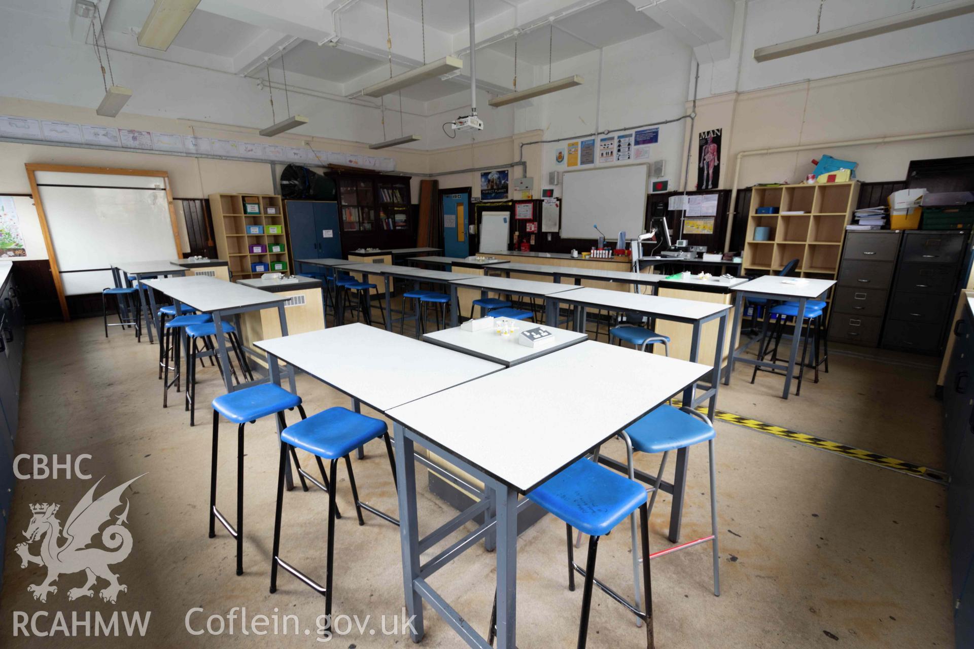 Science room 17. End of north east wing. Corner view towards entrance door and whiteboard. Ground floor. Cathays High School