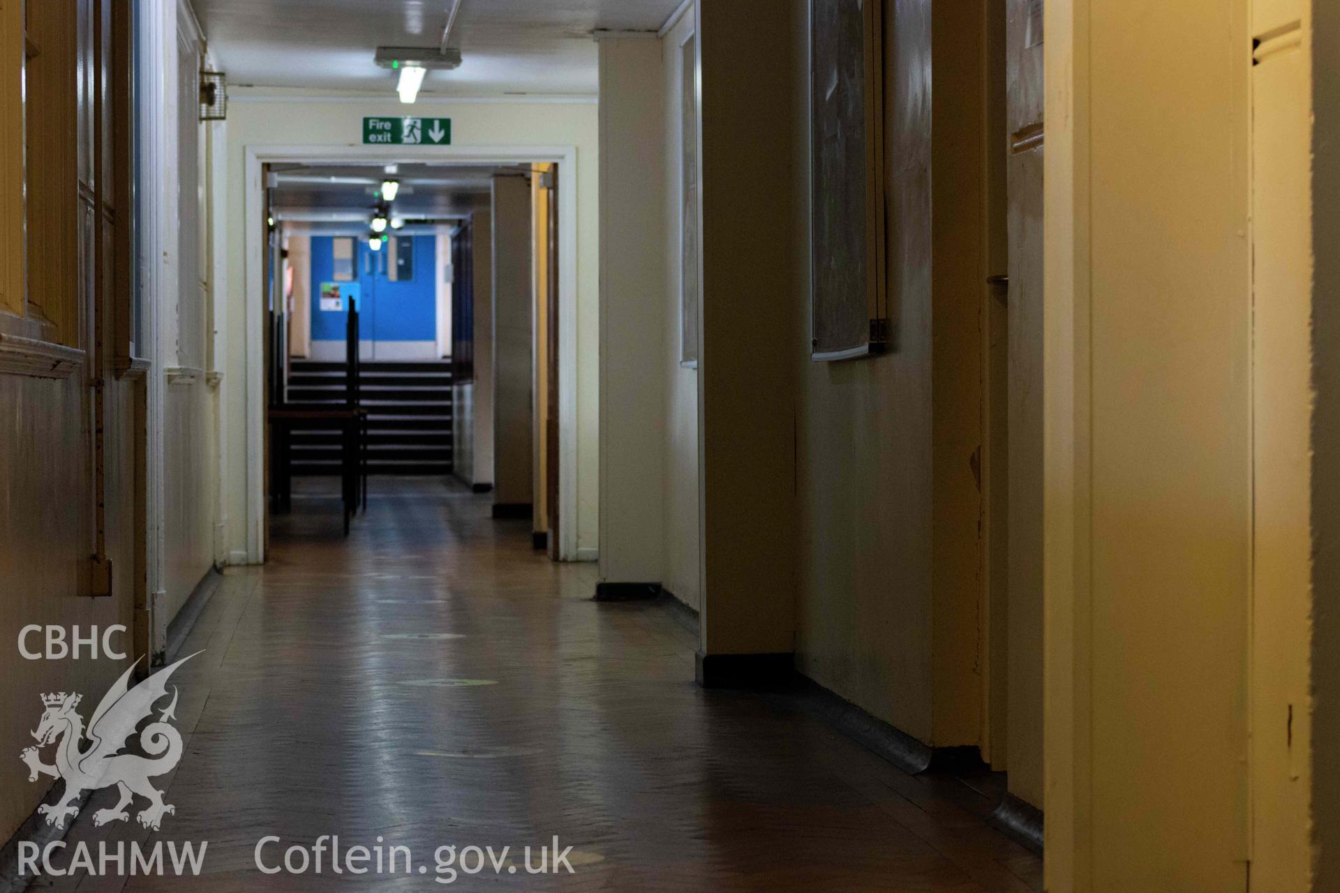 Fist floor corridor towards stairs and doors to assembly hall. Cathays High School