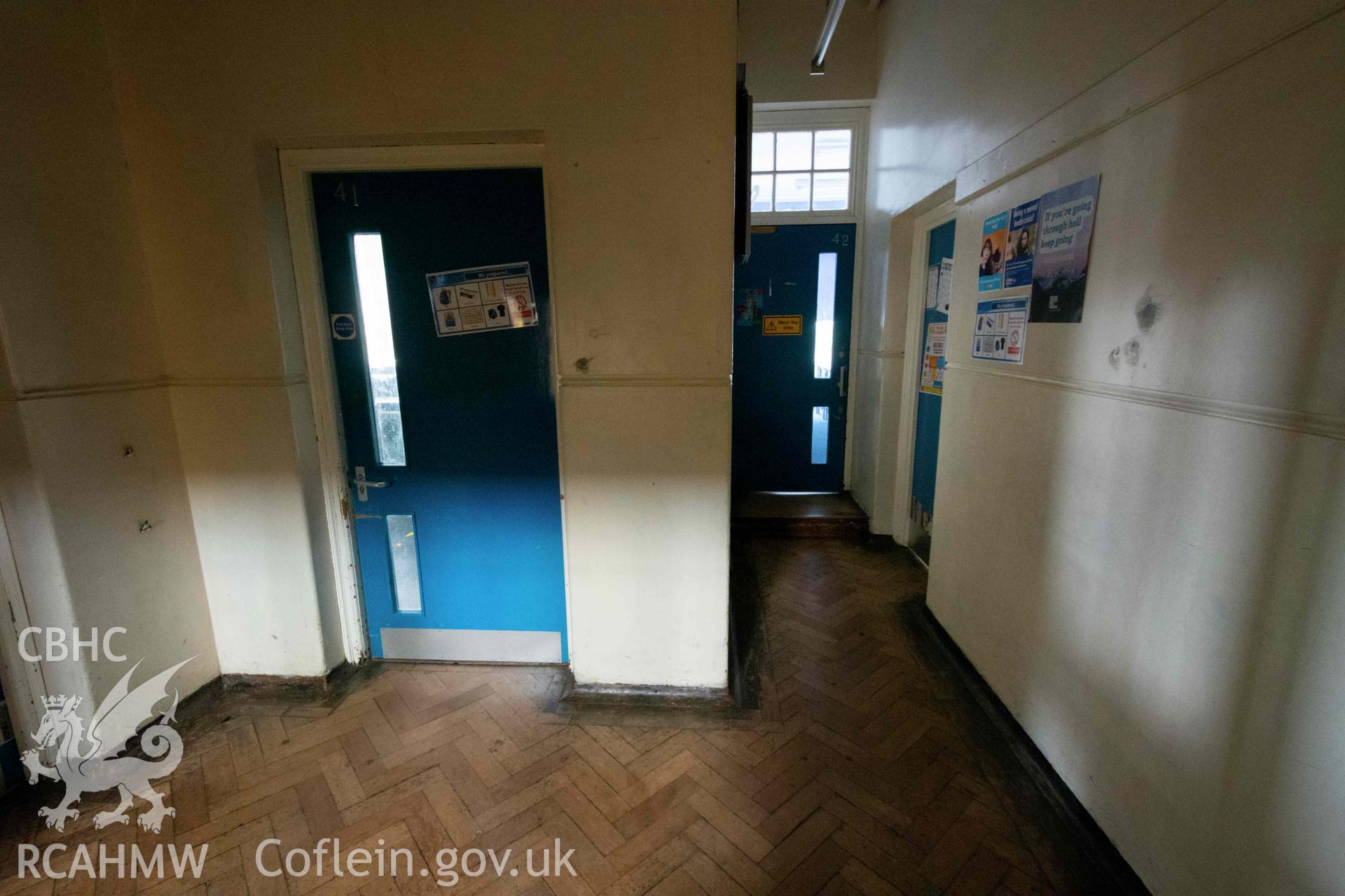 Science classroom 41, Classroom 42 and office room 42a doorways. End of north east wing. First floor. Cathays High School