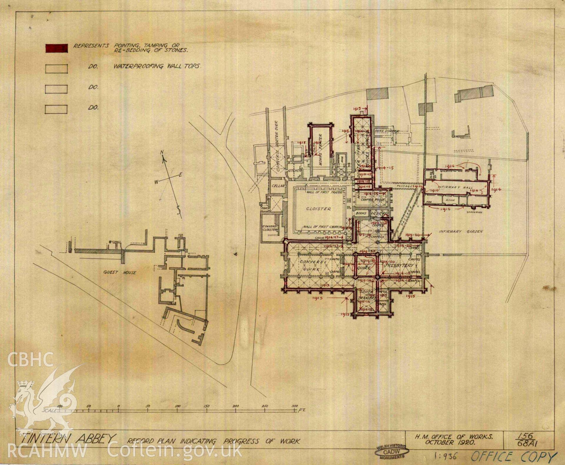 Cadw guardianship monument drawing of Tintern Abbey. Record plan, work 1914-1920. Cadw ref. No. 156/68A1. Scale 1:936.