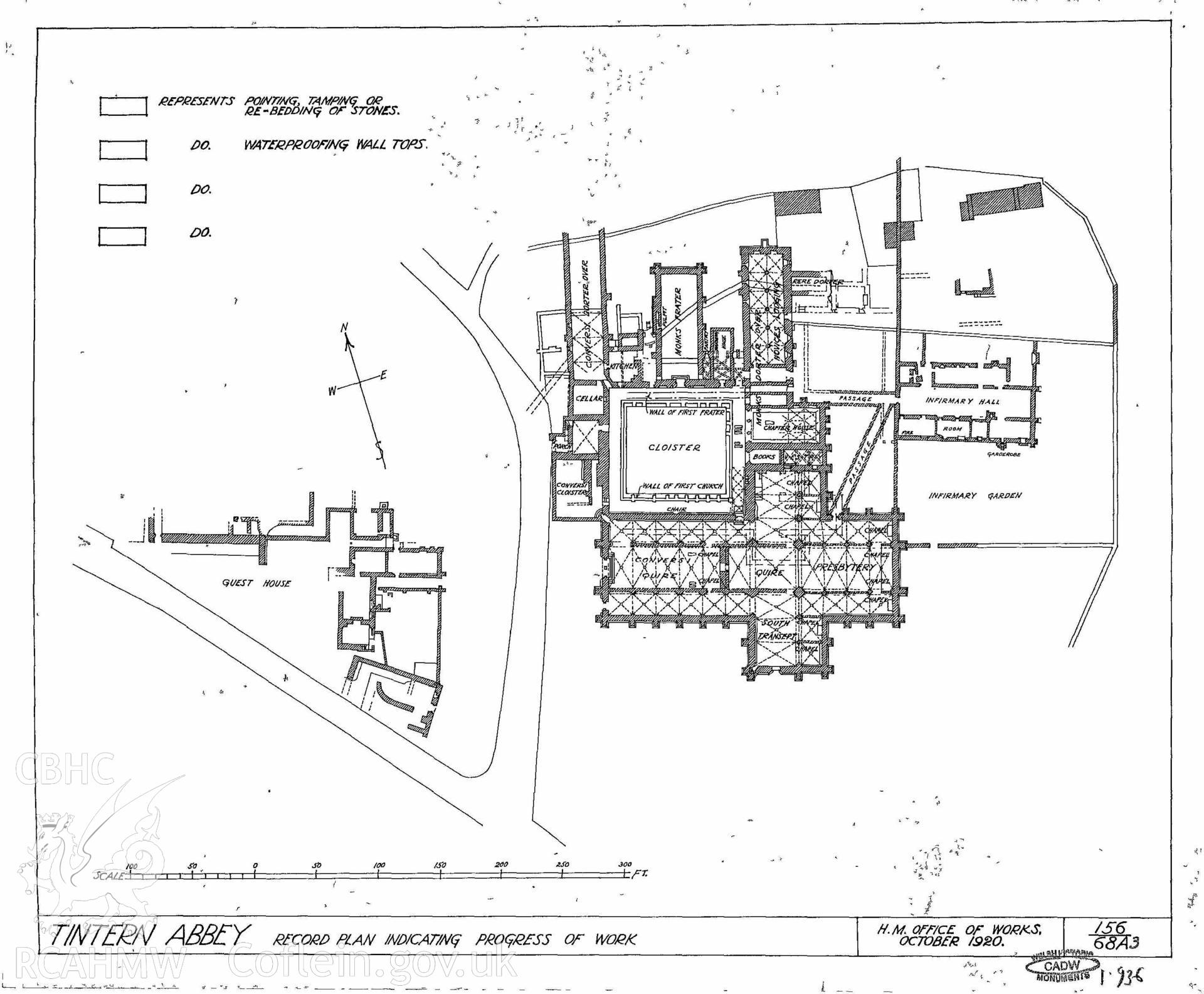 Cadw guardianship monument drawing of Tintern Abbey. Record plan, reduced spare. Cadw ref. No. 156/68A3. Scale 1:936.