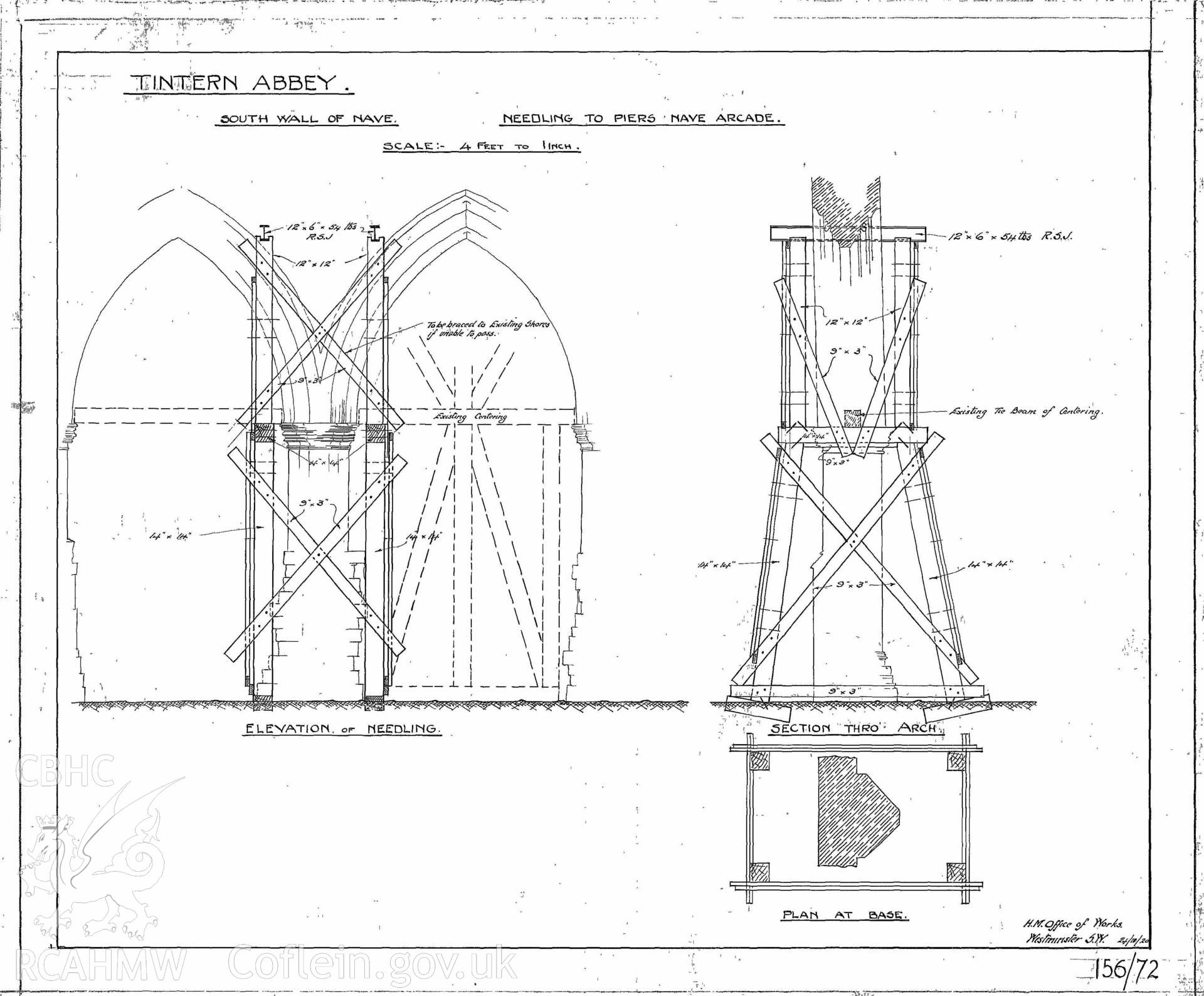 Cadw guardianship monument drawing of Tintern Abbey. Needling to Piers Nave Arcade. Cadw ref. No. 156/72. Scale 1:48.