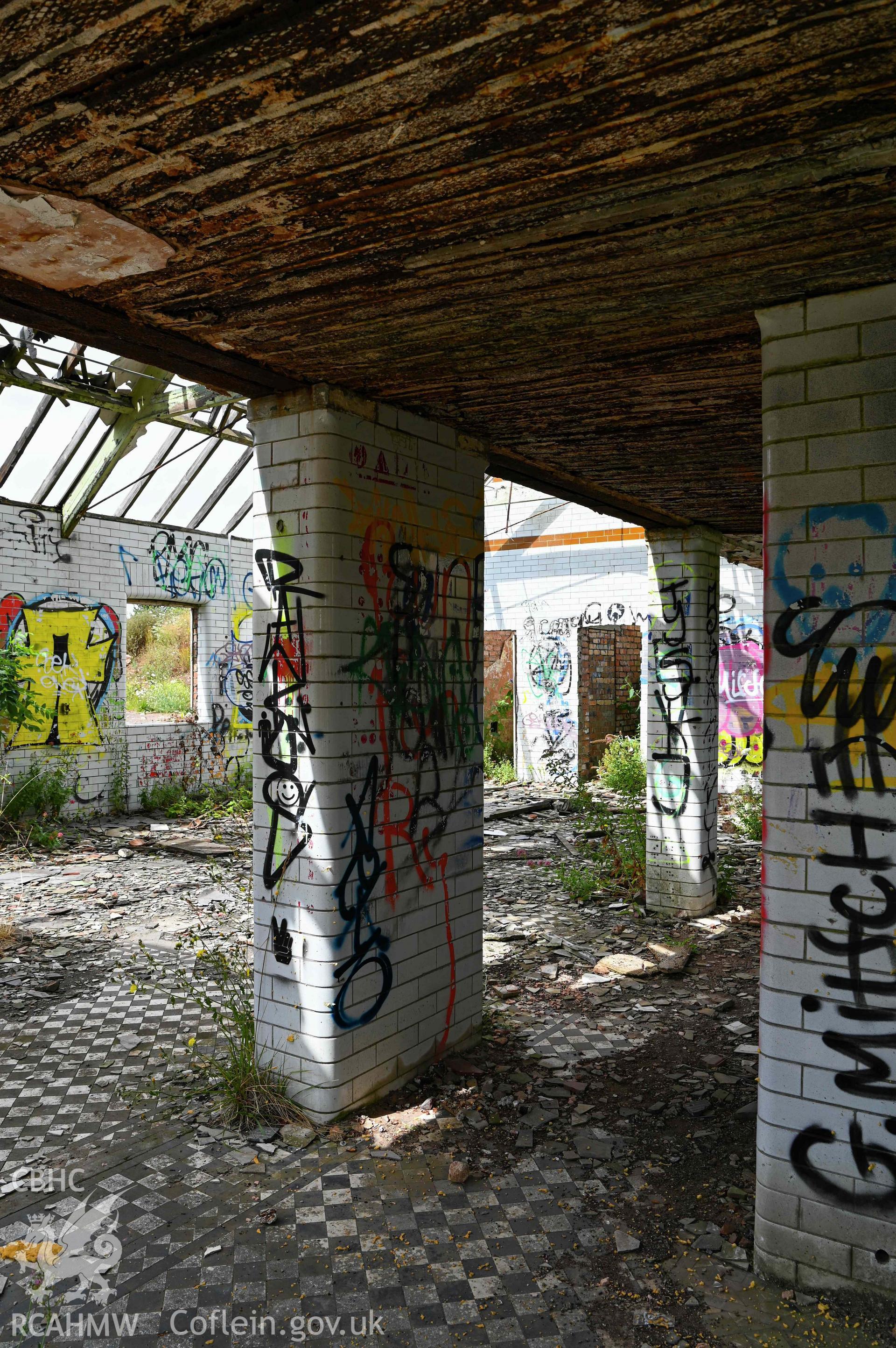 Interior, north dormitories tiled pillars. St Athan Voys Village.