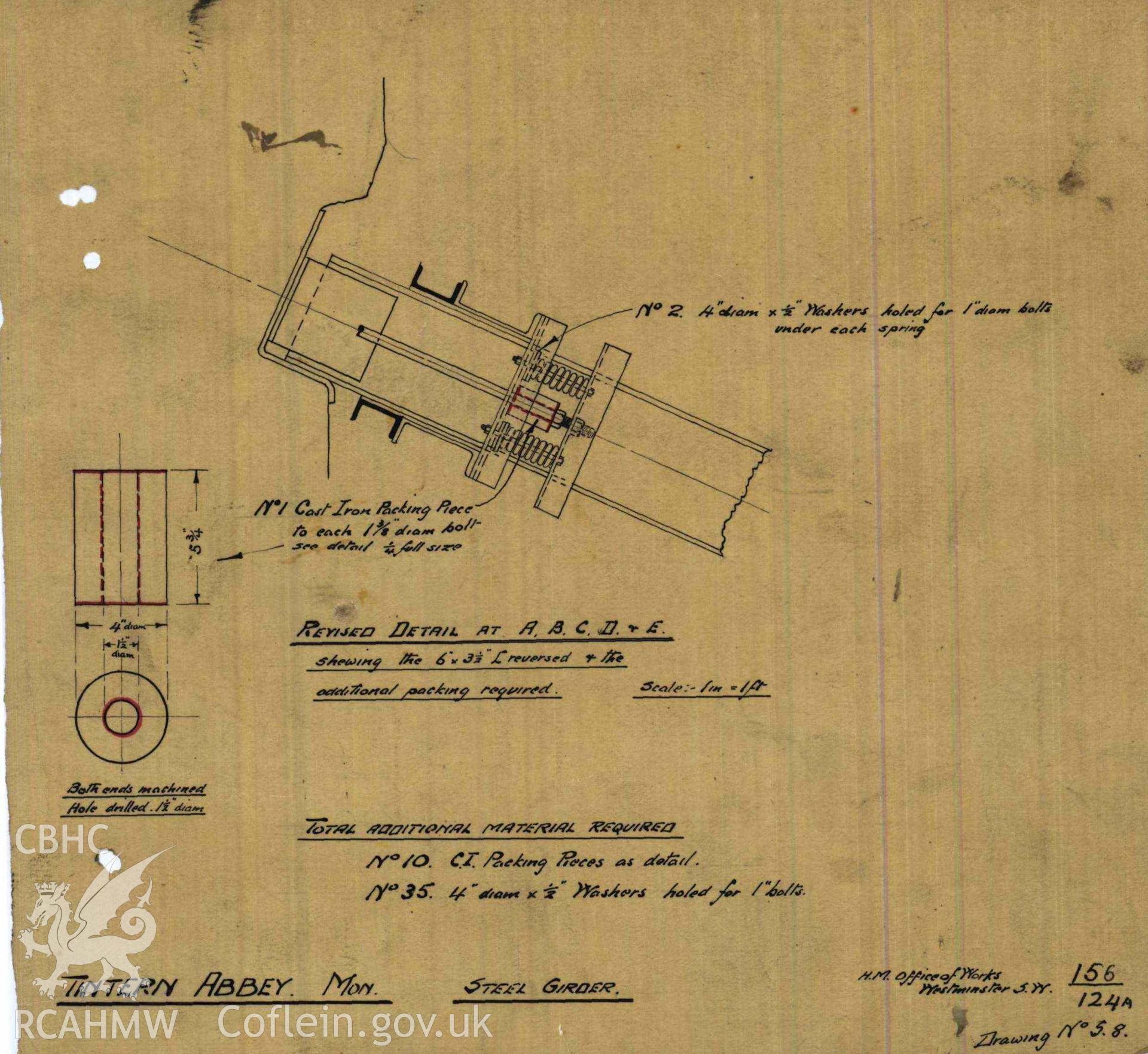Cadw guardianship monument drawing of Tintern Abbey. Steel Girder materials required. Cadw ref. No. 156/124A. Scale 1:12.