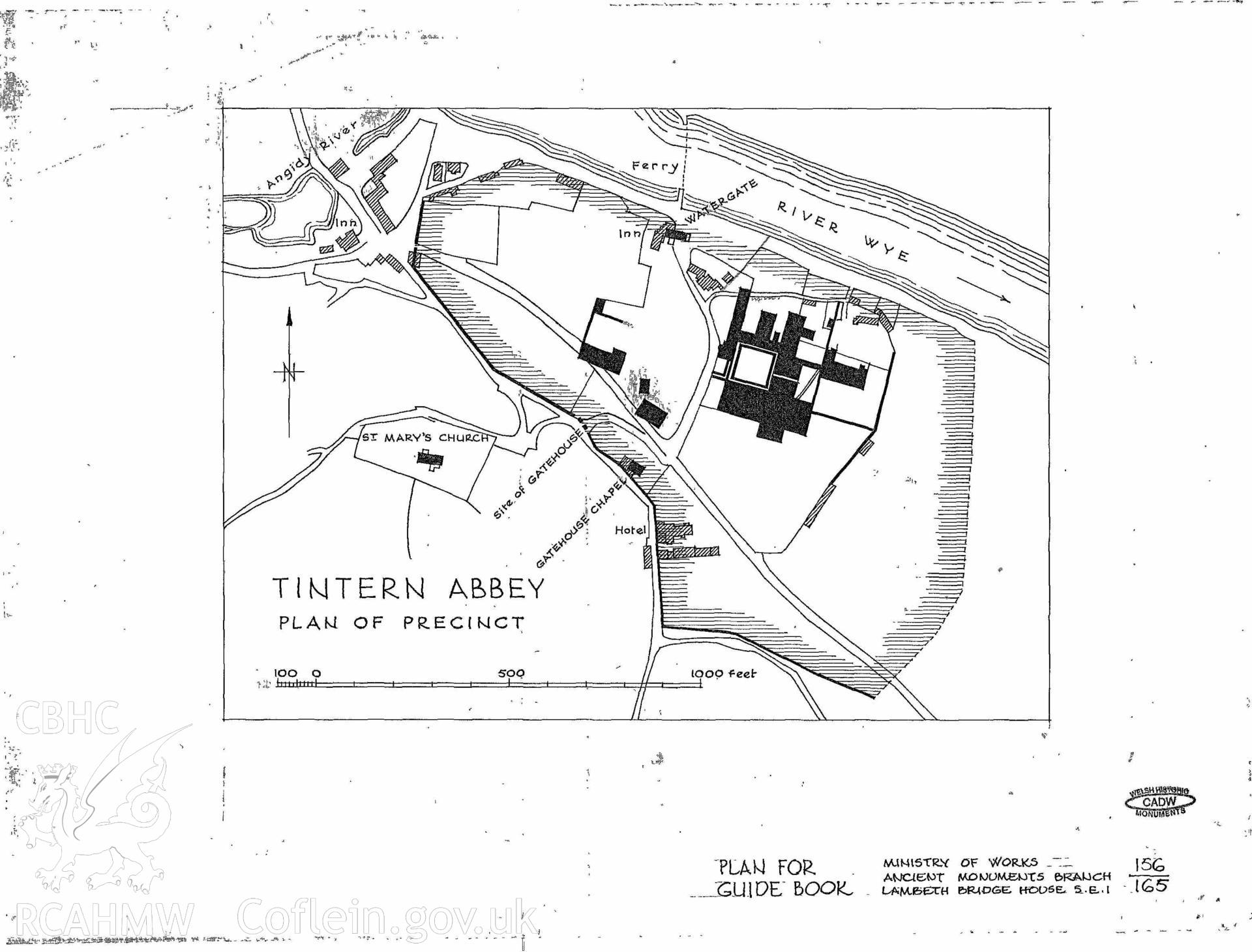 Cadw guardianship monument drawing of Tintern Abbey. Plan of Precinct for Guide Book. Cadw ref. No. 156/165. Scale 1:100.
