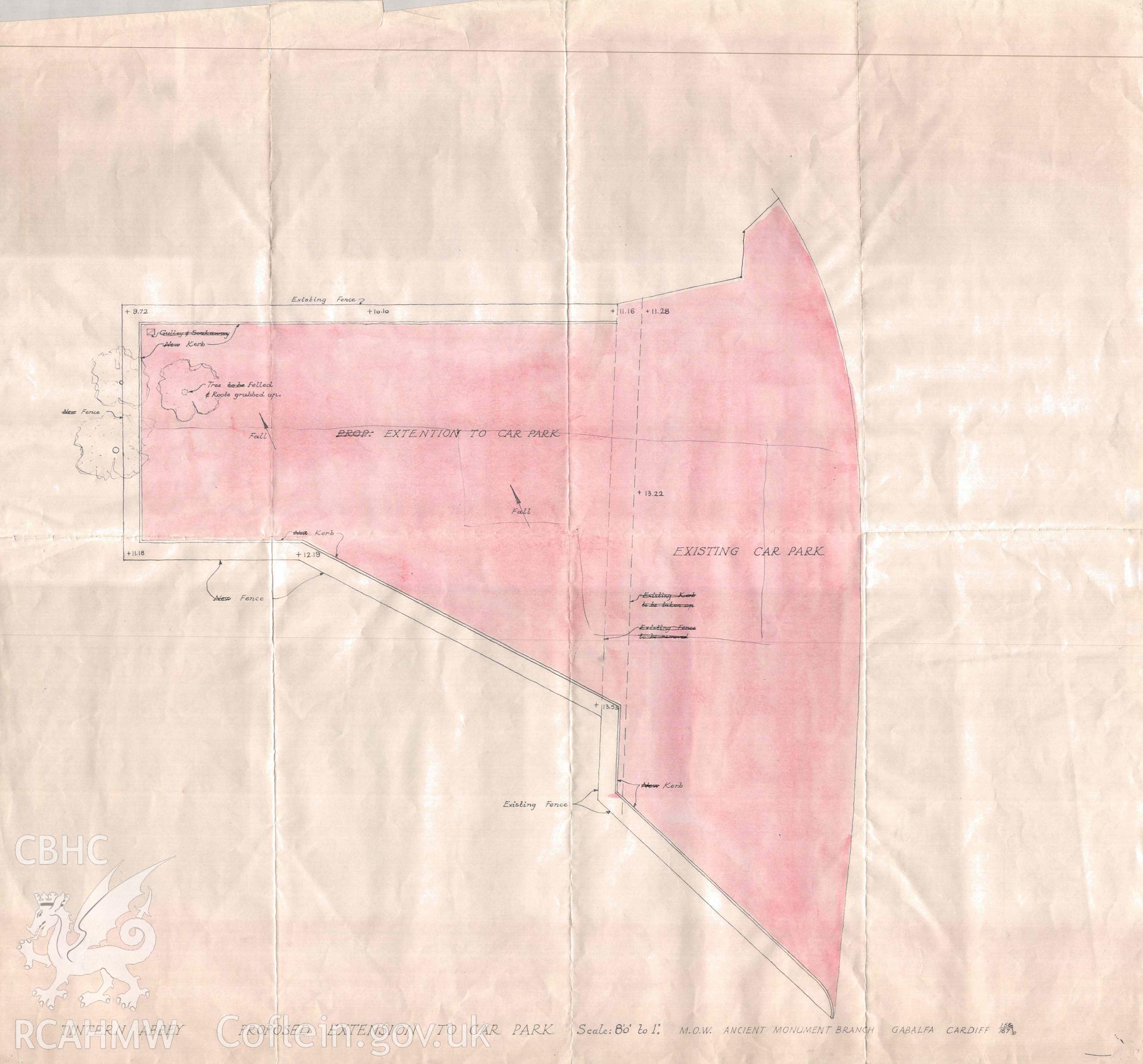 Cadw guardianship monument drawing, copy on paper, proposed extension to car park, Tintern Abbey.