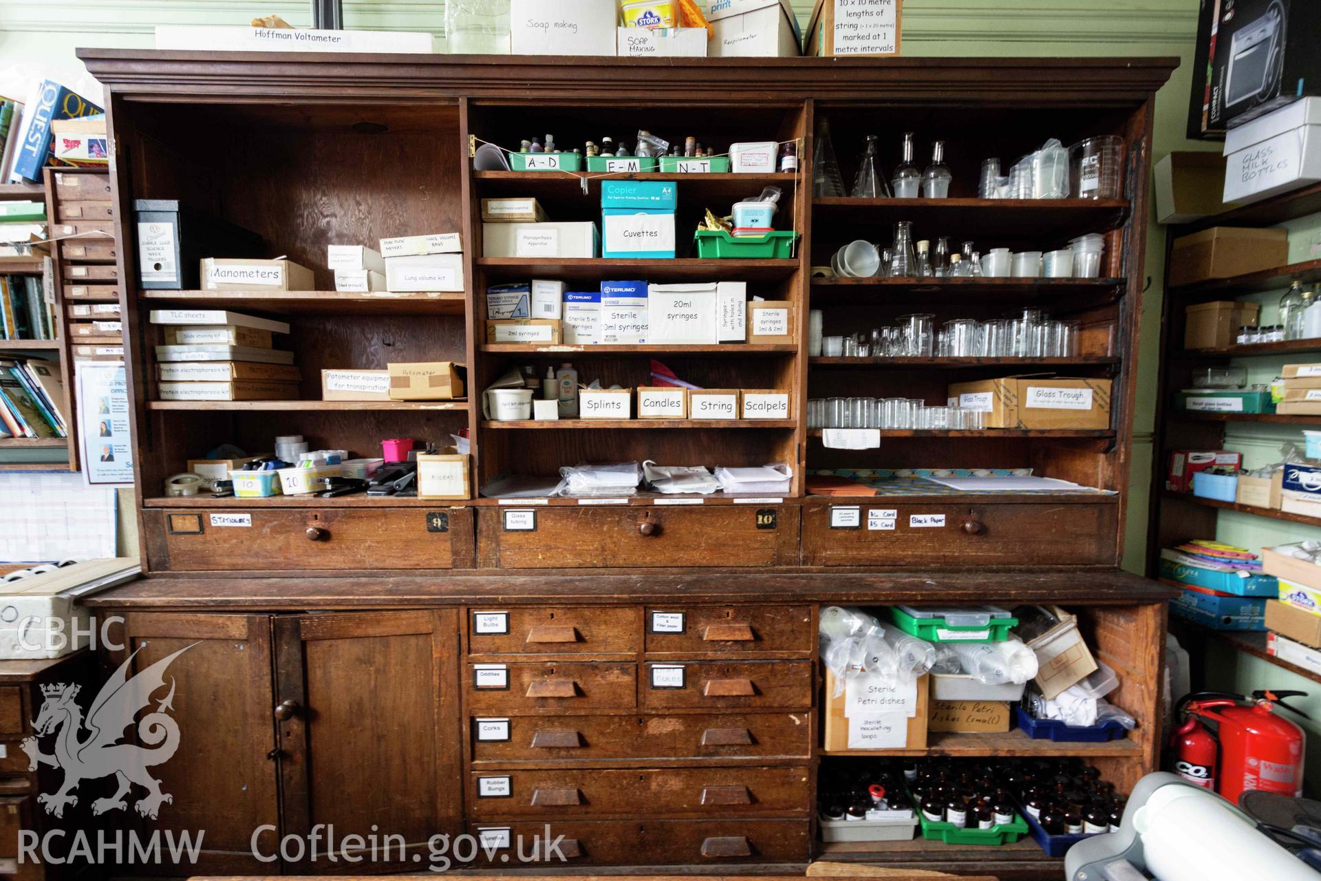 Science preparation room large wooden cabinet. North east wing. First floor. Cathays High School