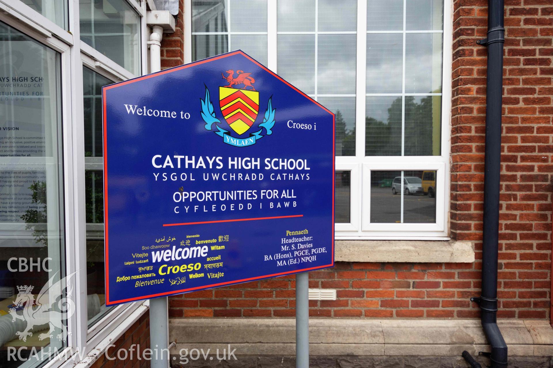 Welcome to Cathays High School' sign outside main reception. North east wing. Cathays High School