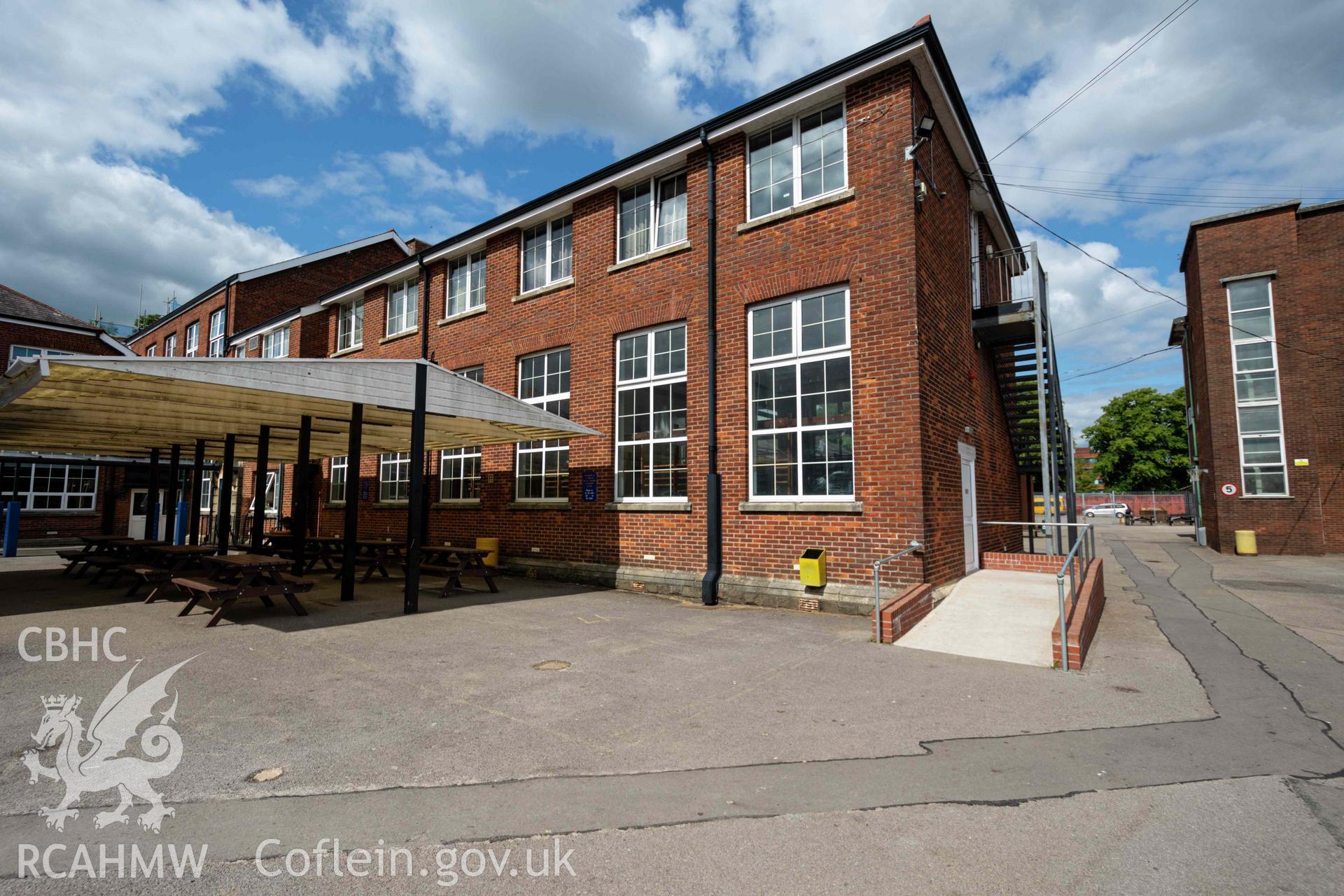 Exterior of gymnasium central building, looking north. Cathays High School