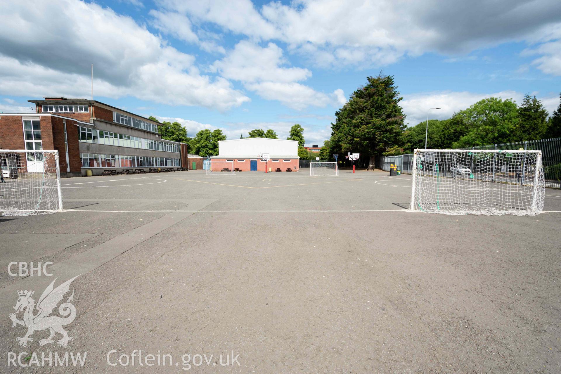 View along yeard toward sport hall. Football goals. Looking north east. Cathays High School