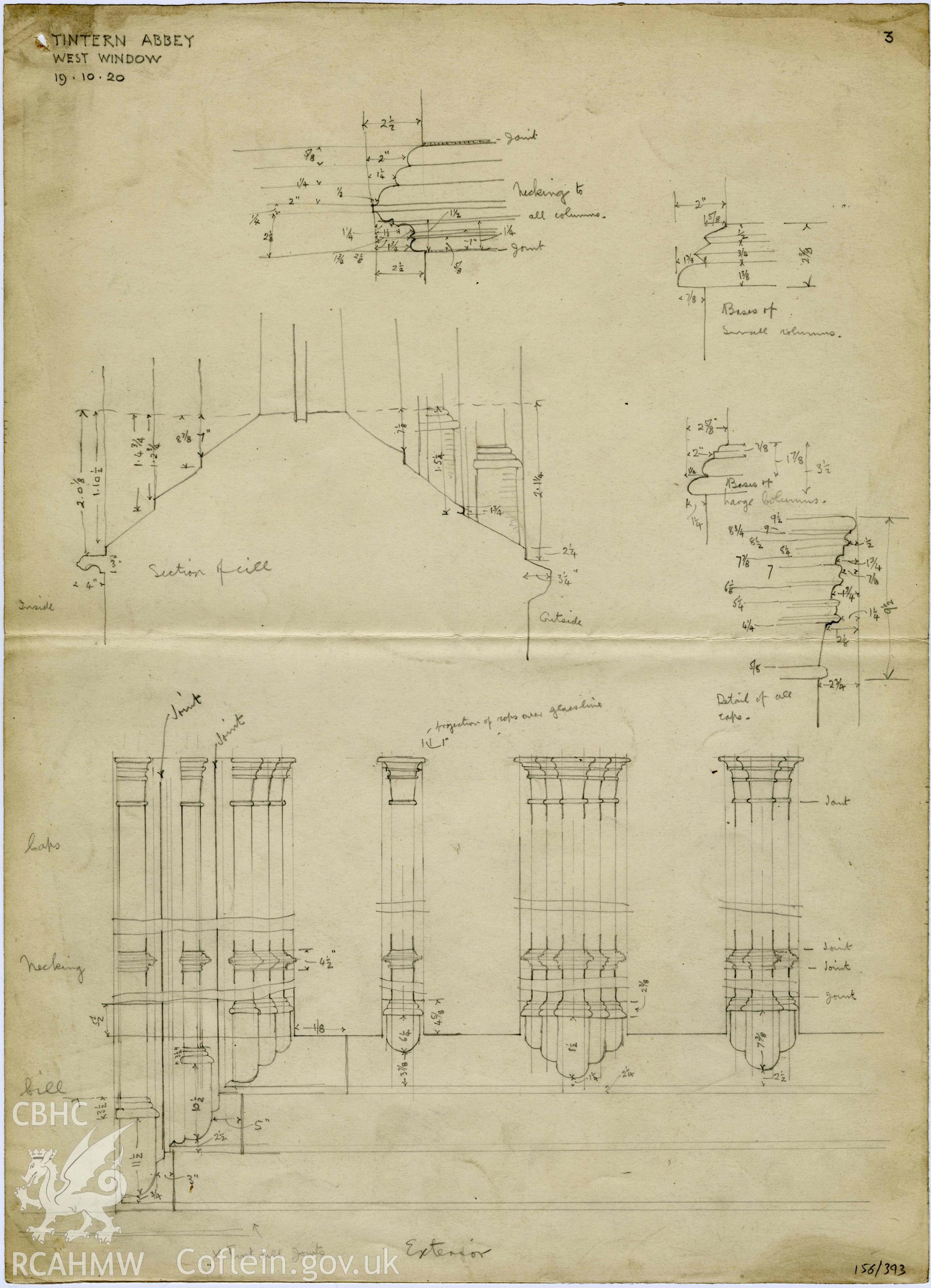 Cadw guardianship monument drawing, pencil sketch of interior and exterior west window, mullions and elevations, Tintern Abbey.  Dated 18th October 1920.