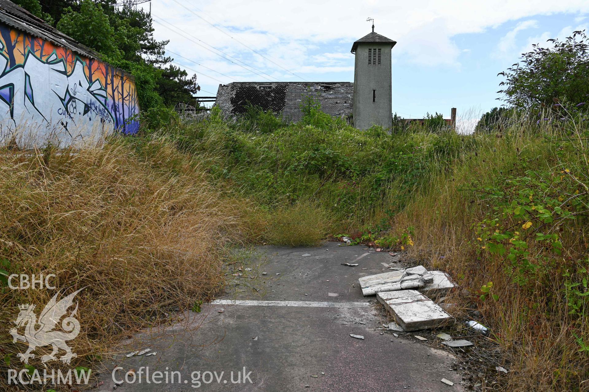Inside swimming pool, overgrown. Looking south toward church. St Athan Boys Village