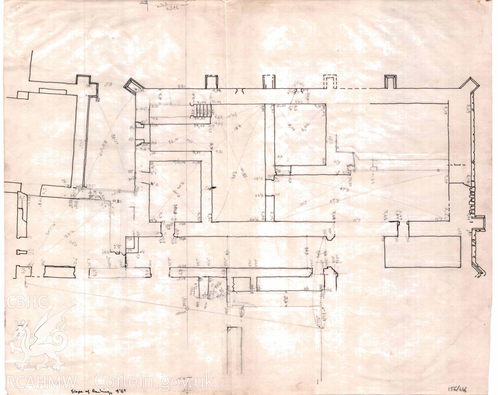 Cadw Guardianship monument drawing, pencil sketch of layout of foundations, Tintern Abbey.  Undated.
