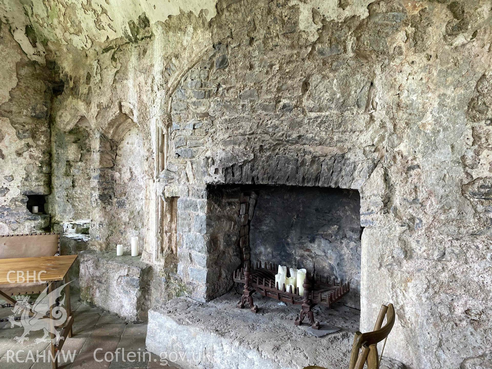 Digital photograph of fireplace in chapel at Manorbier Castle, produced by Paul Davis in 2023