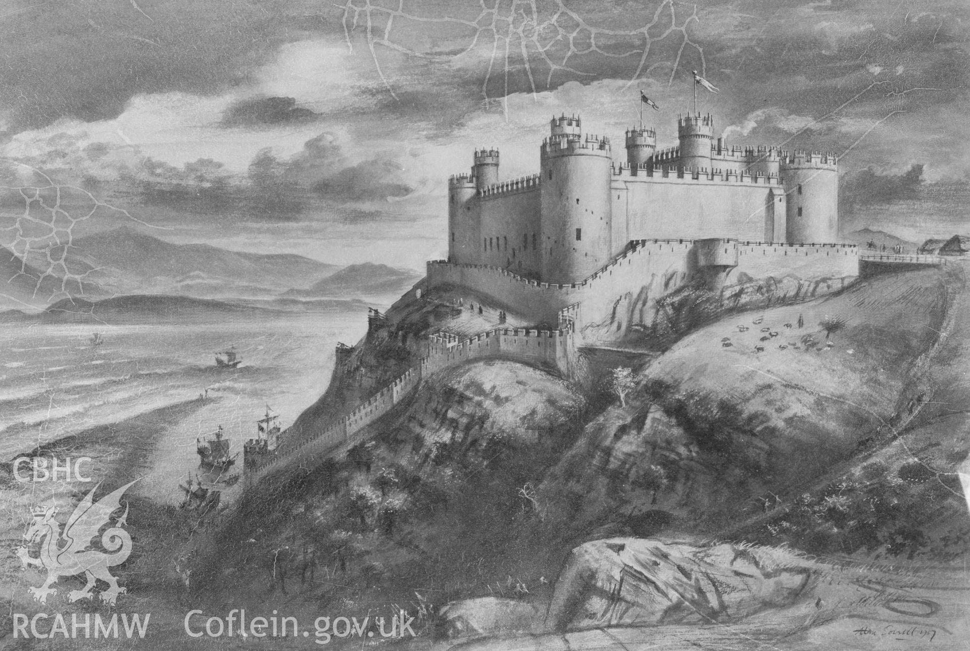 Black and white negative relating to Harlech Castle: copy of Alan Sorrell reconstruction drawing of the (conjectural) castle c. 1283-90.
