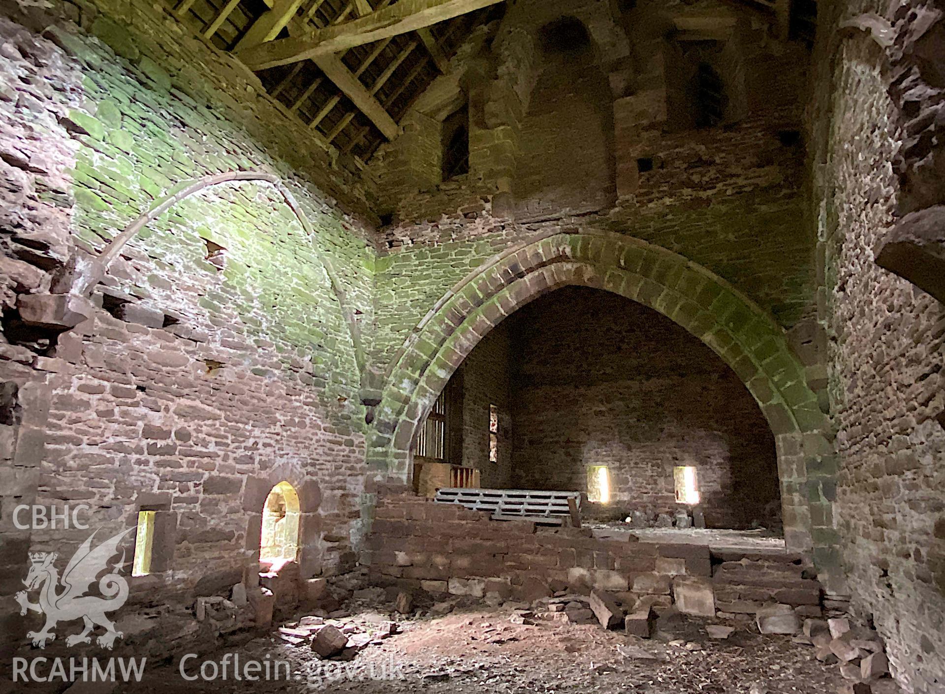 Digital photograph showing interior of Llanthony Priory Gatehouse, produced by Paul Davis in 2023