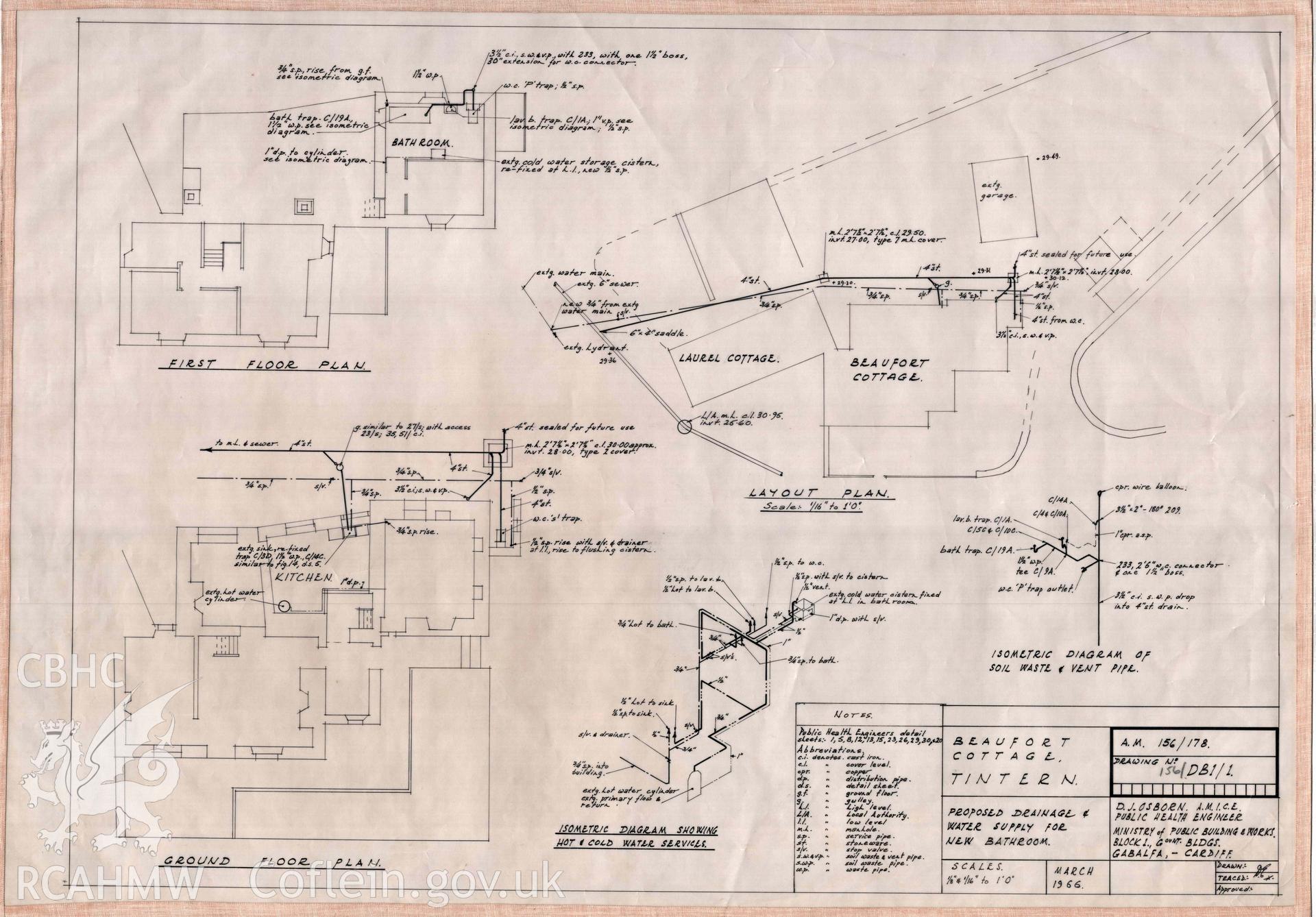 Cadw guardianship monument drawing, plan of proposed drainage and water supply for bathroom at Beaufort Cottage , Tintern Abbey.  Dated March 1966.