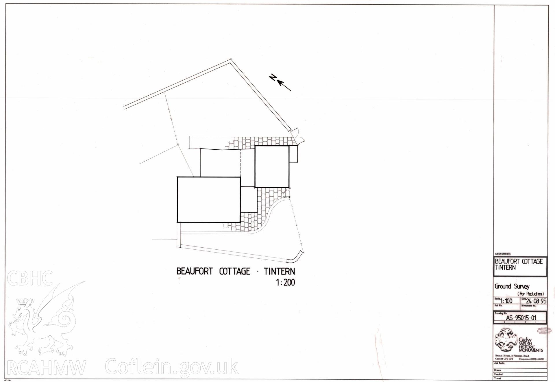 Cadw guardianship monument drawing, ground survey, Beaufort Cottage, Tintern Abbey.  Dated 24th August 1995.