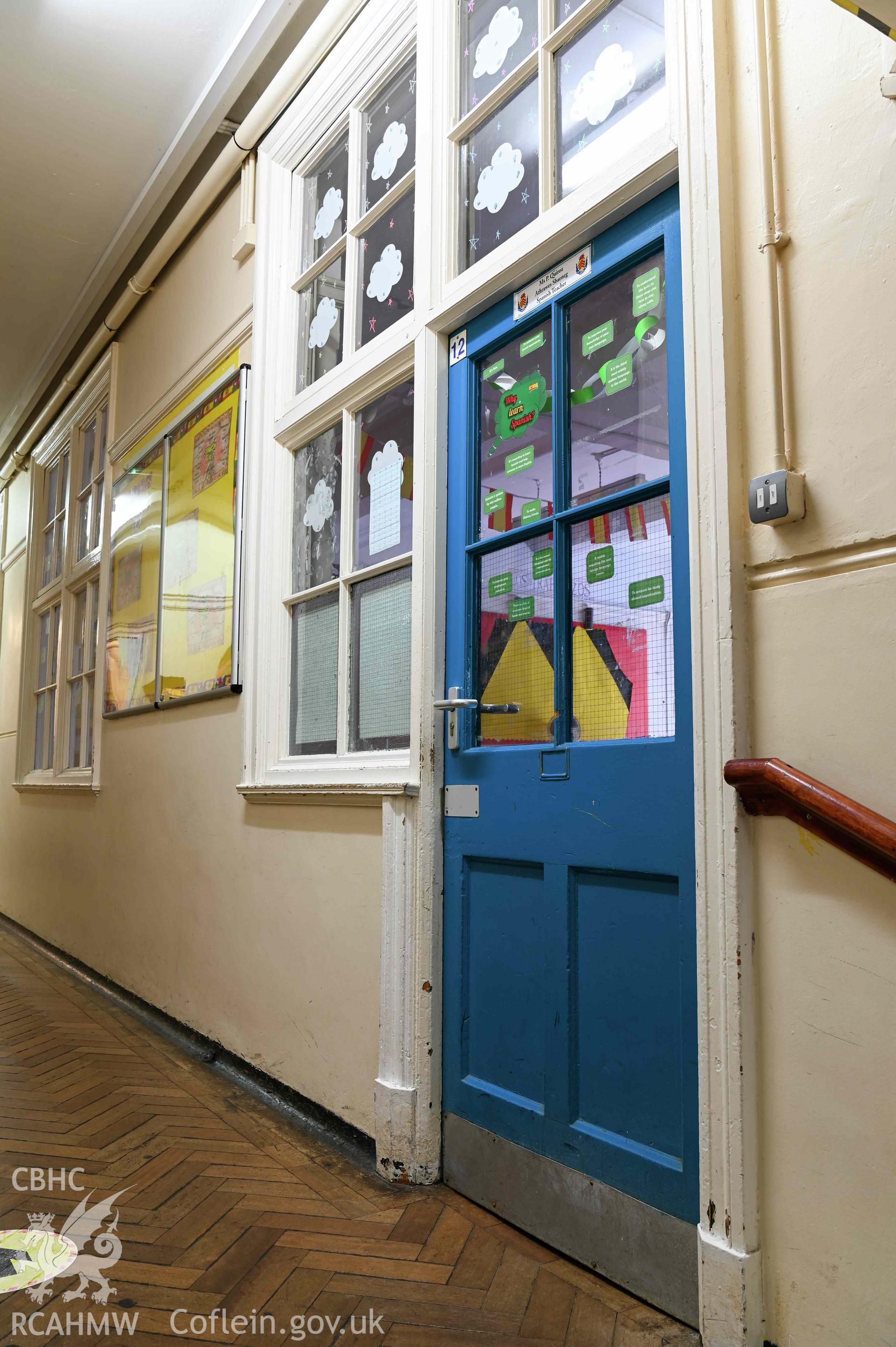 Spanish classroom 12 door and windows. South west wing. Ground floor. Cathays High School