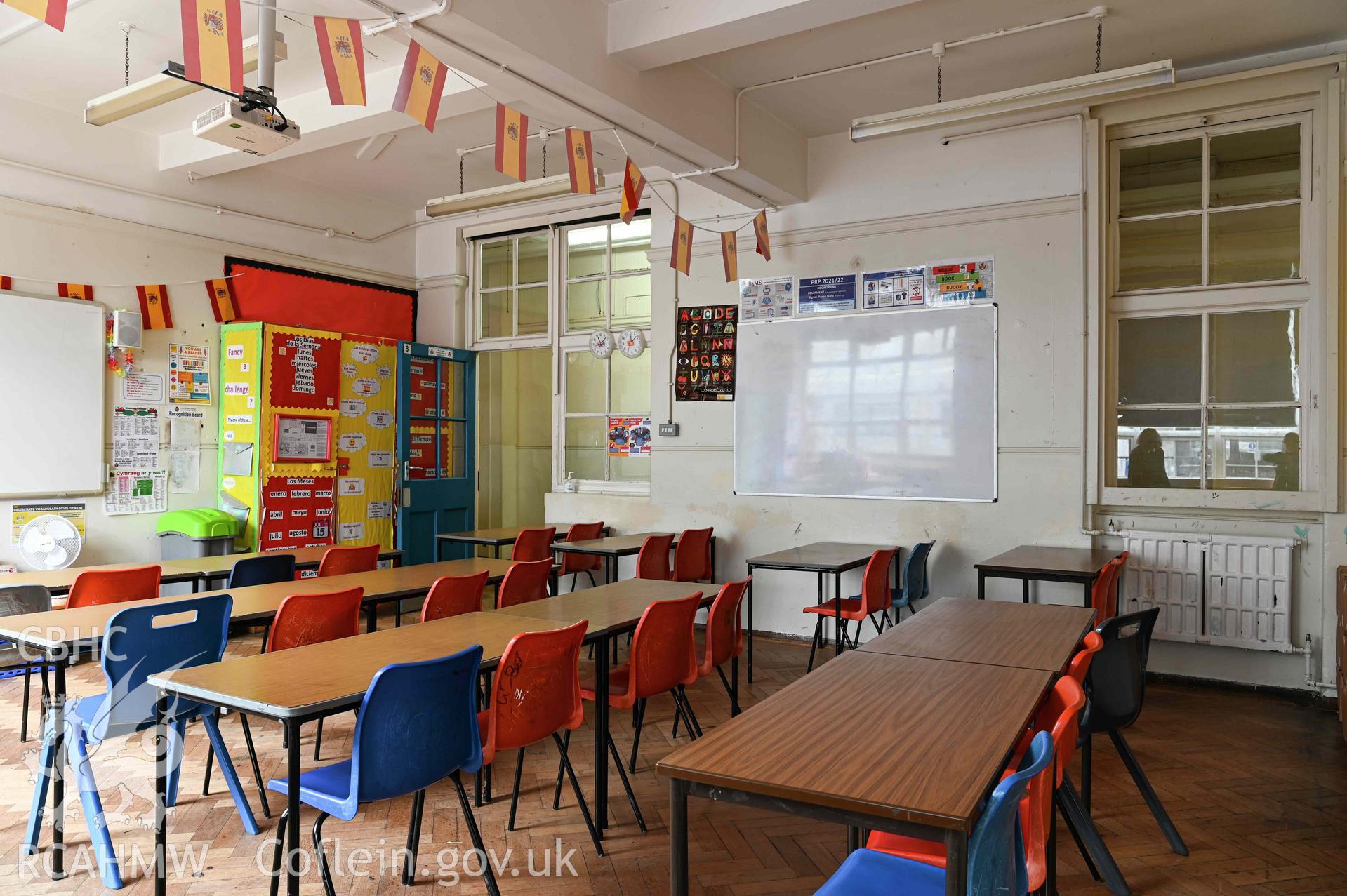 Spanish classroom 8. View across class to door and windows. South west wing. Ground floor. Cathays High School
