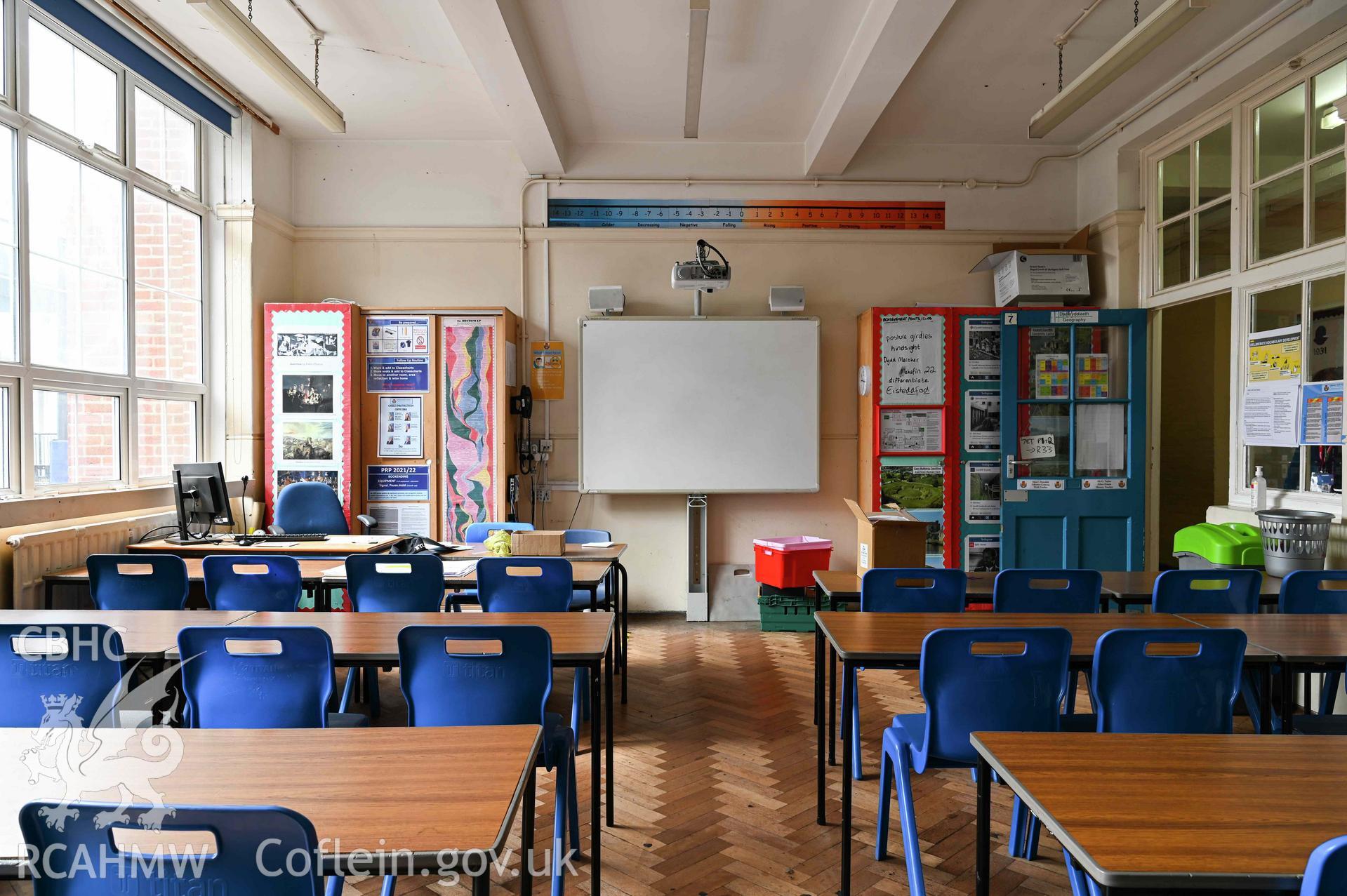 History classroom 7. Central view towards whiteboard. South west wing. Ground floor. Cathays High School