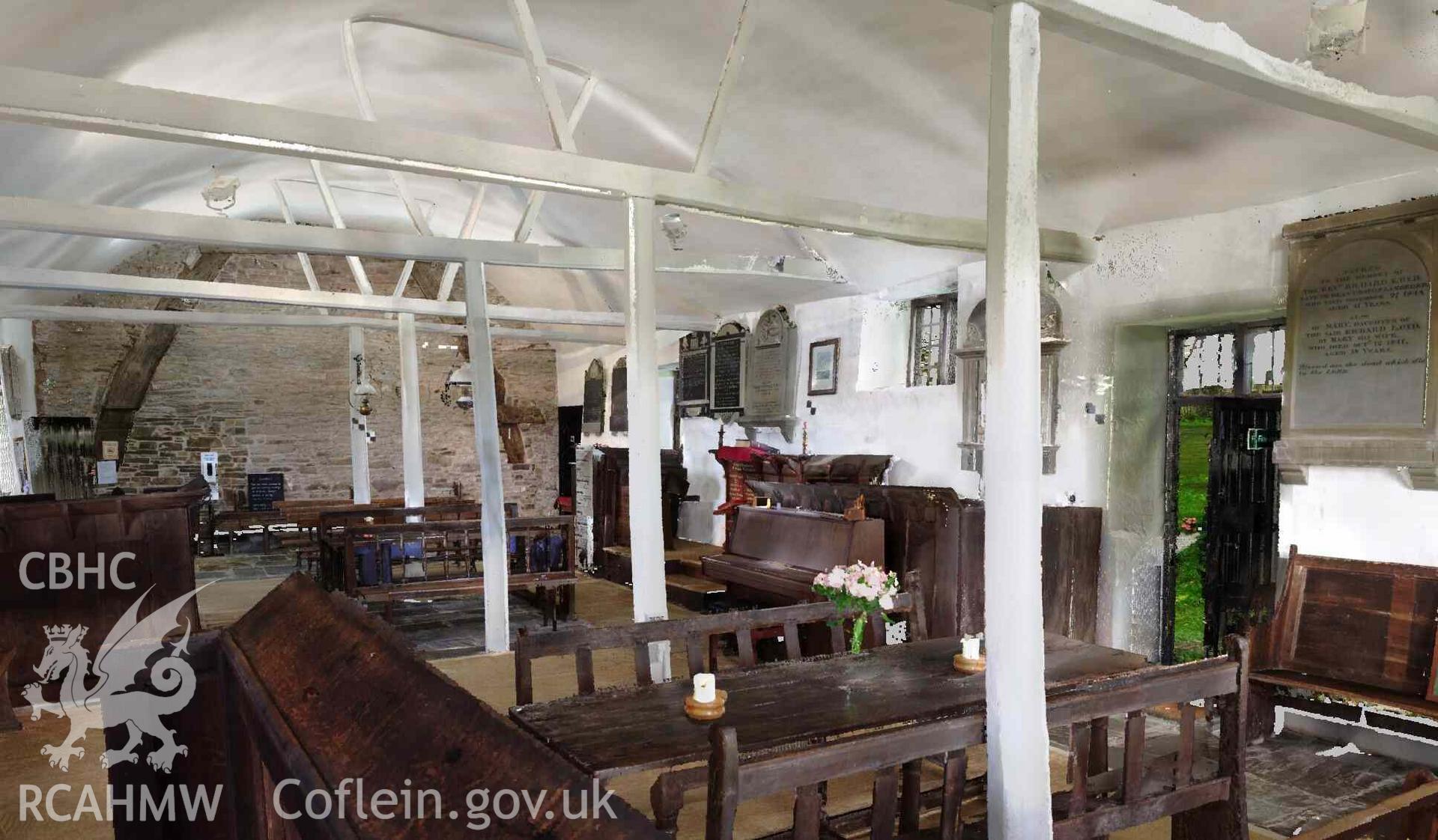 Digital photograph showing view of Maesyronnen Chapel interior from the south eastern building corner. Produced as part of Terrestrial Laser Scanning Survey fof Maes-yr-Onnen Congregational Chapel, carried out by Dr Jayne Kamintzis, 19-20 October 2022.