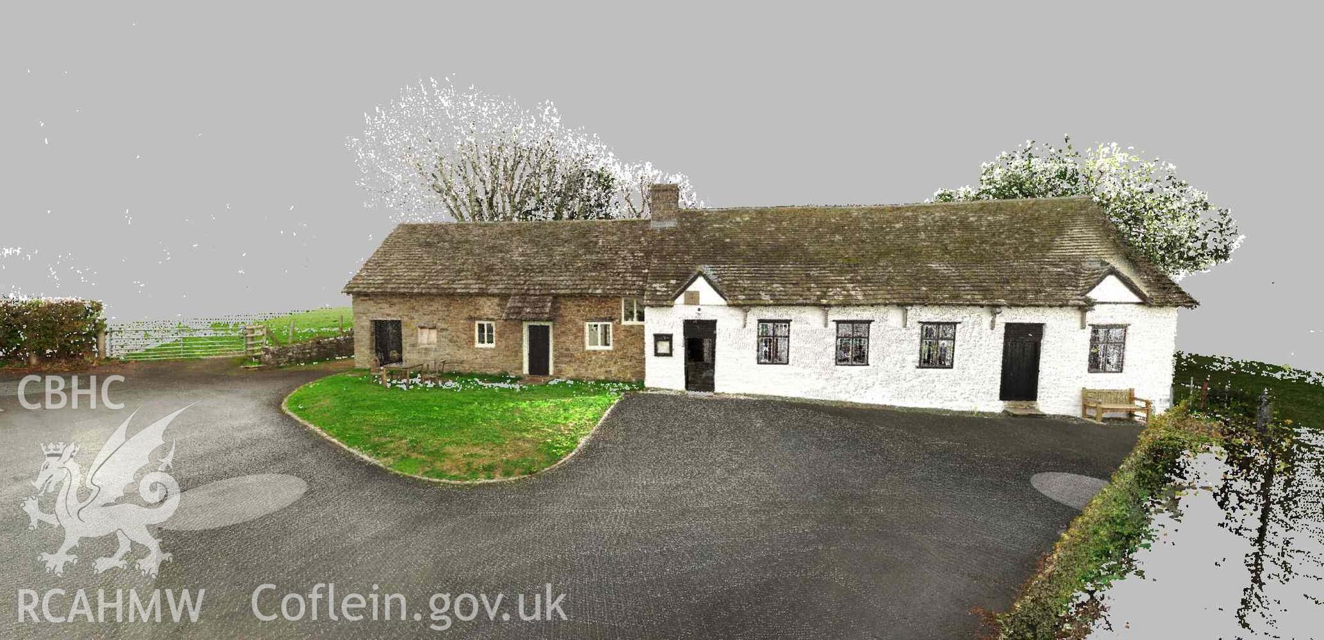 Exterior view of the front of Maesyronnen Chapel and chapel house (taken from laser scan survey point cloud). Produced as part of a Terrestrial Laser Scanning Survey of Maes-yr-Onnen Congregational Chapel, carried out by Dr Jayne Kamintzis, 19-20 October 2022.