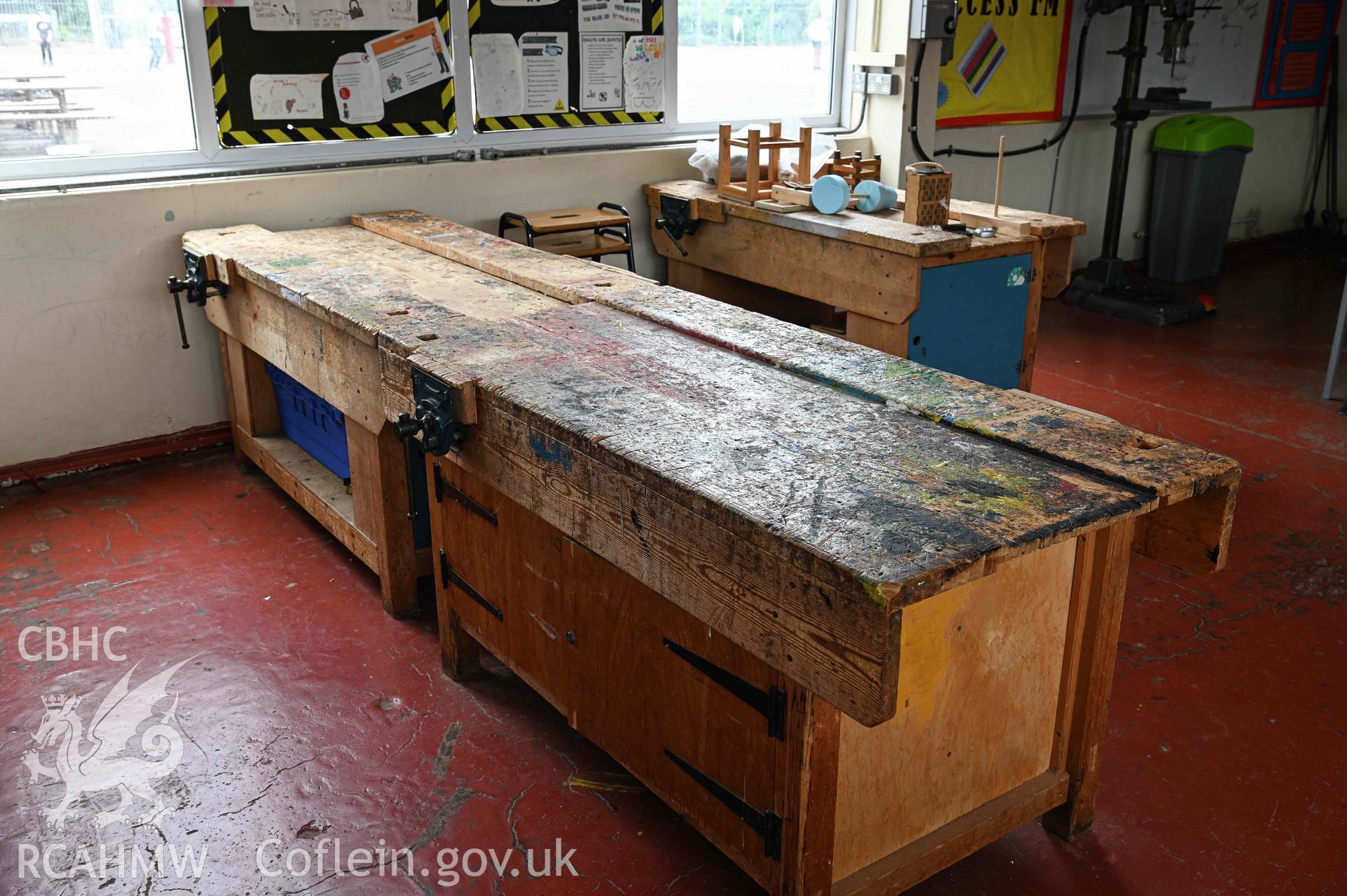 D&T 1 classroom. Long workstation with two vices. Ground floor. D&T block. Cathays High School