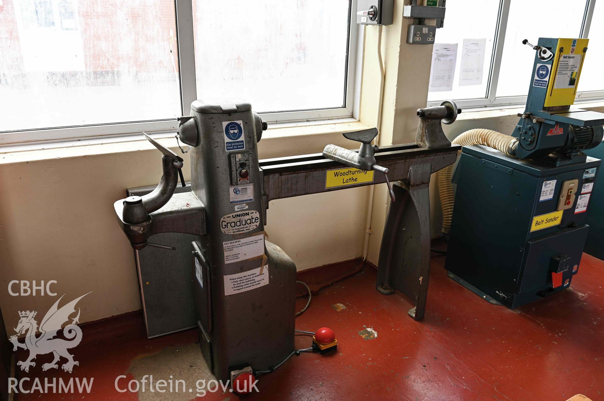 D&T 1 classroom. Woodturning lathe. Ground floor. D&T block. Cathays High School