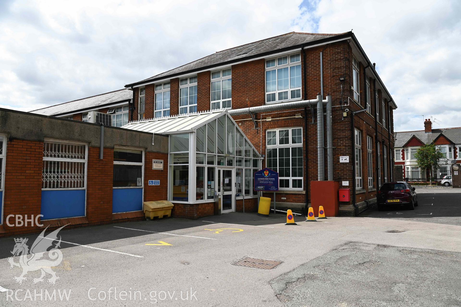 Exterior main visitors reception. Landscape orientation. End of north east wing. Cathays High School